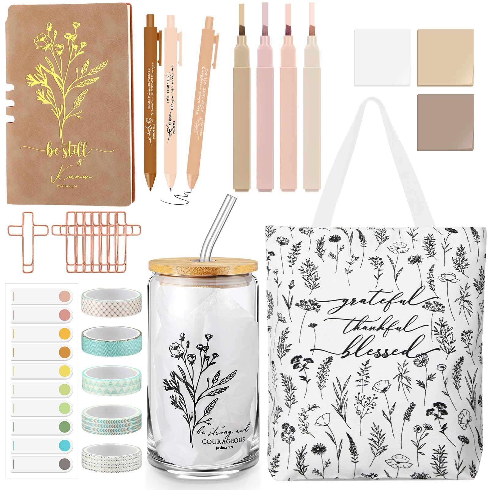 Singhoow 29 Pcs Bible Journaling Kit 16 oz Glass Cup Canvas Bag Leather Notebook Highlighters and Pens Sticky Note Tapes Easter Day Gift Bible Study