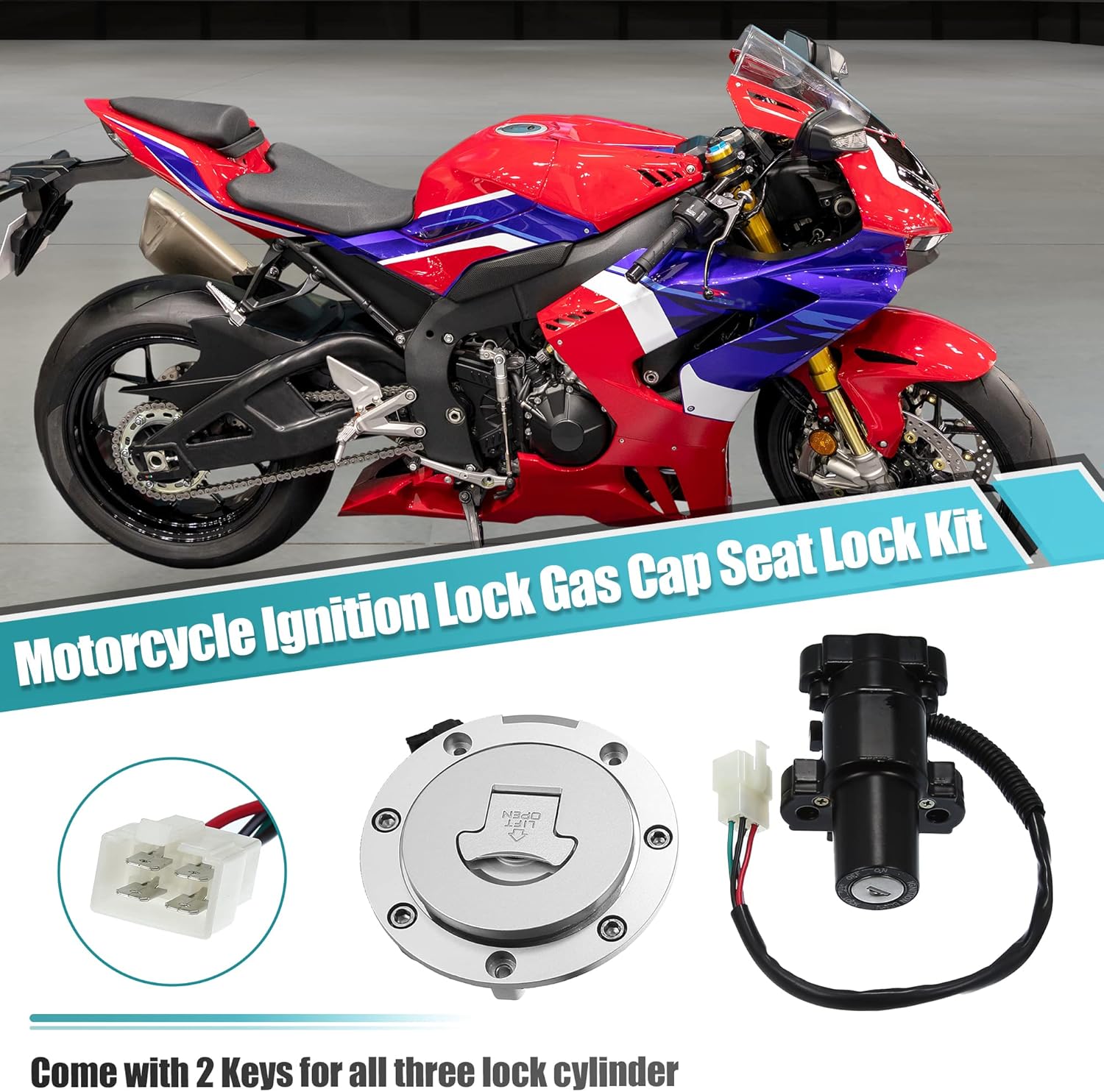 X AUTOHAUX 1 Set Motorcycle Ignition Switch Cylinder Fuel Gas Tank Cap Cover Lock Seat Lock w/ 2 Keys for Honda CBR600F4i CBR1000RR CBR1100XX CBR600RR CBR900RR CBR929RR CBR954RR Motor Bike