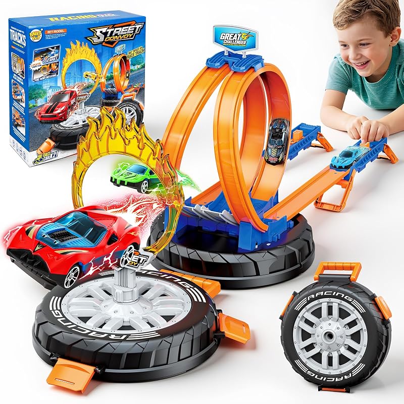 Topfresh 2026 Race Car Track Set Toy for Kids, Stunt Racing Playset | with 360°Loop Car Track with Four 1:64 Scale Vehicles Gift Toys for Boys Girls Ages 3 4 5 6 7 8