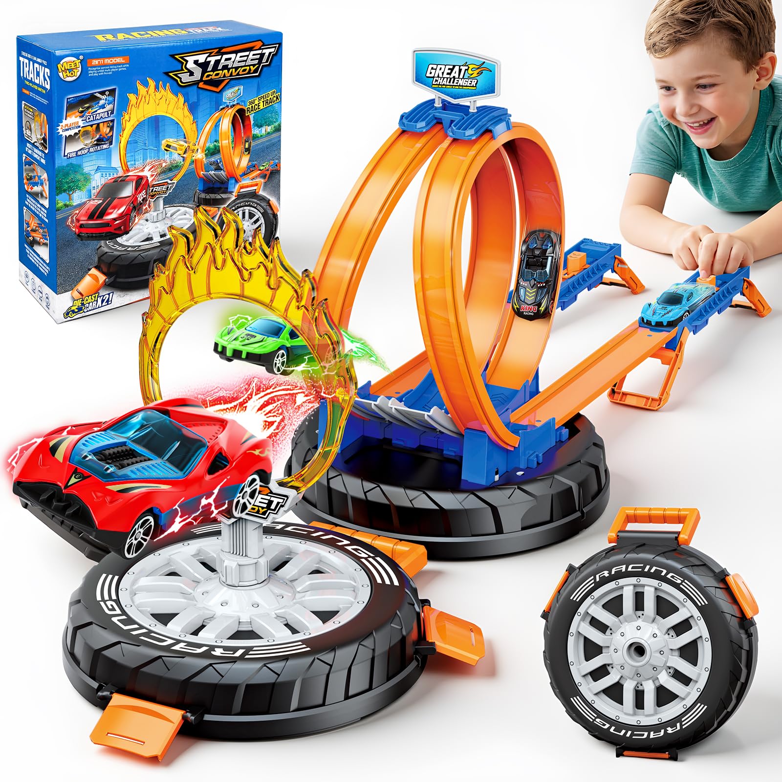 2026 Race Car Track Set Toy, Stunt Racing Playset for Kids Ages 4 5 6 7 8 | 4 Vehicles, 2-Player Racing, 360° Loop Track, Transforming Tire Storage, Fits Most 1:64 Cars, Gift for Boys & Girls(Standard)