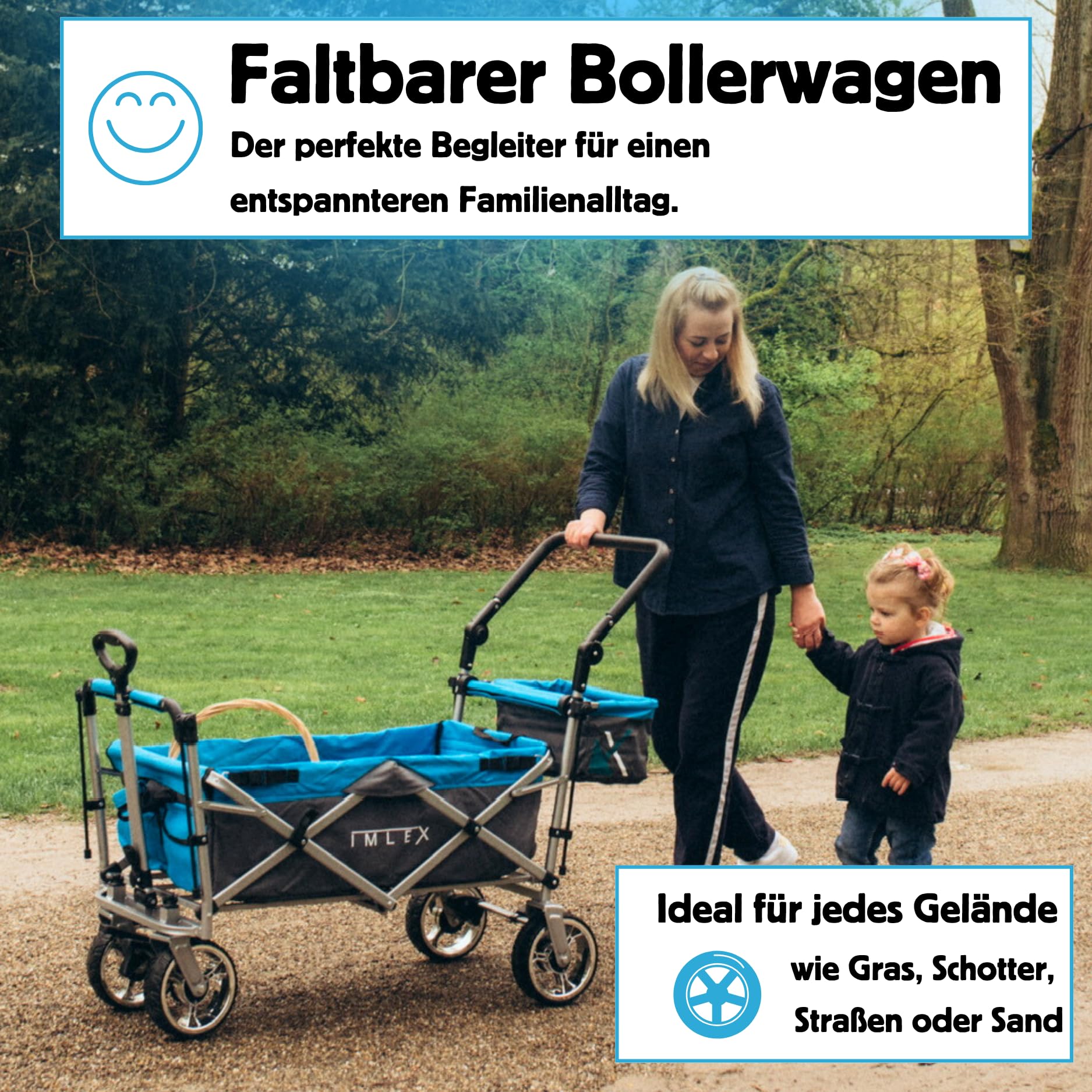 IMLEX Bollerwagen faltbar XXL mit UV Dach – Handwagen für 2 Kinder bis 80 kg – klappbar mit Schiebegriff & Zugstange – Geländereifen – ideal für Strand, Camping, Garten, Zoo & Freizeit IM-4268 Blau
