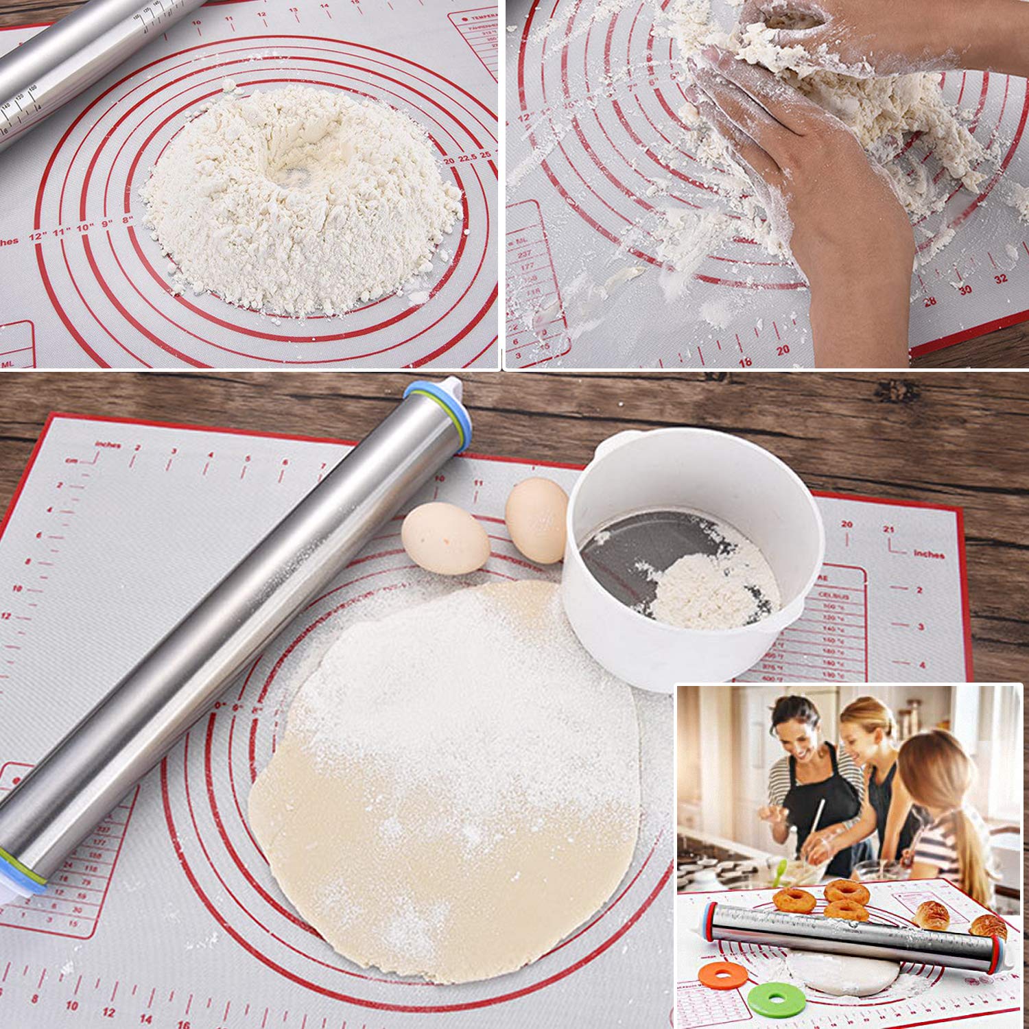 Rouleau à pâtisserie et tapis de pâtisserie en silicone Set Rouleau de pâte en acier inoxydable avec anneaux d'épaisseur réglables pour la cuisson