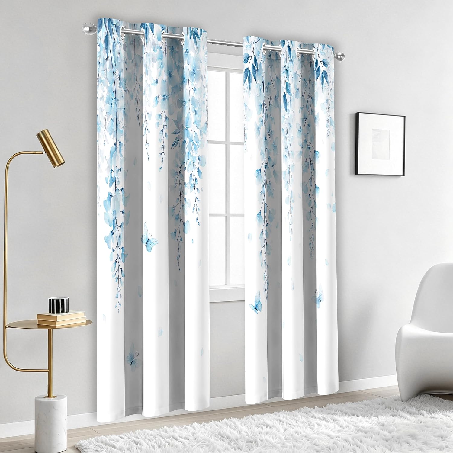 Blue Floral Blackout Curtains Watercolor Flower Botanical Curtain 84 Inches Long Room Darkening Window Drapes for Bedroom Living Room 42x84 Inch,2 Panels