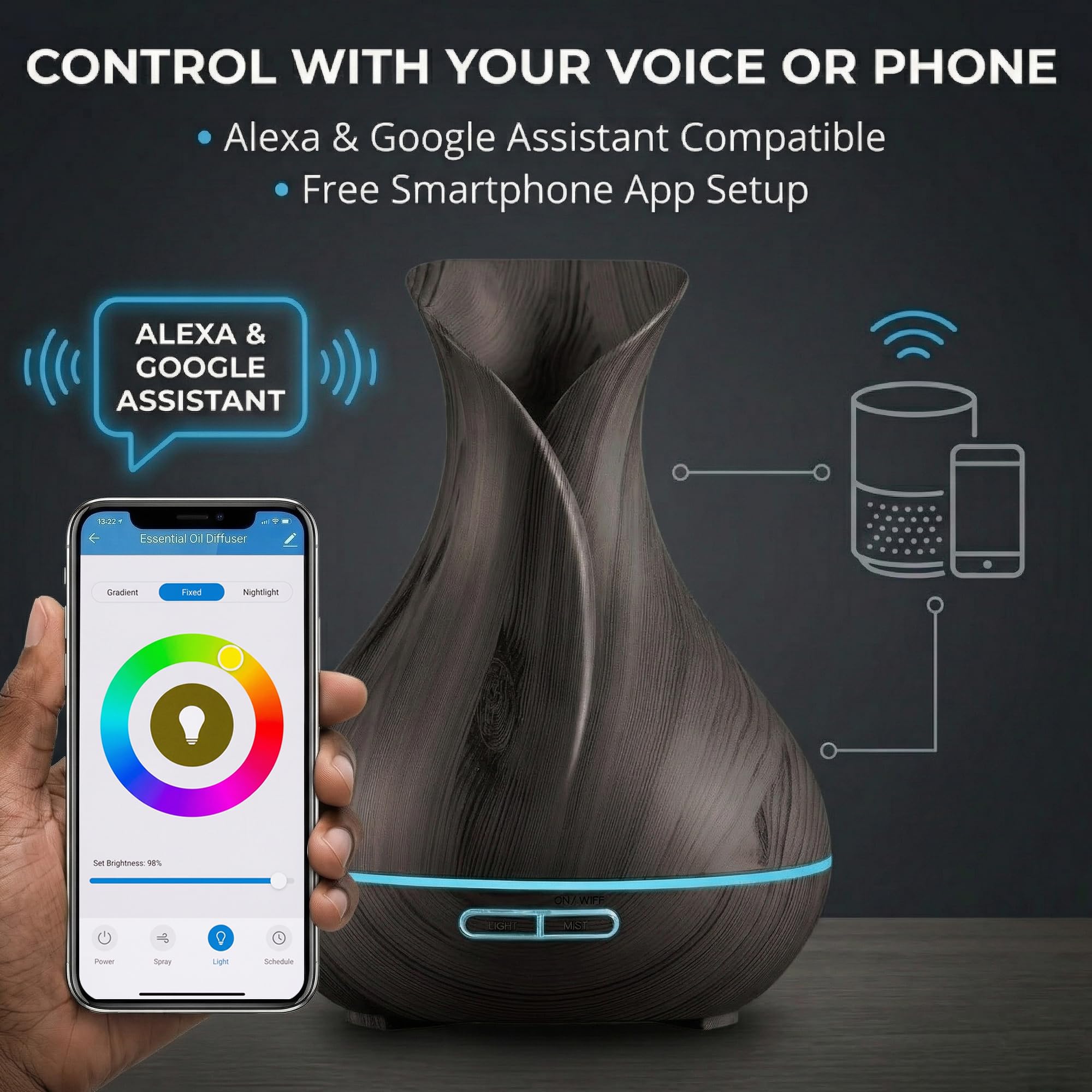 Sierra Modern Home Smart WiFi Humidifier - Aromatherapy Essential Oil Diffusers with App Control & Voice Control - Works with Alexa & Google Home - 400ml Ultrasonic Diffuser & Humidifier -: Dark Brown