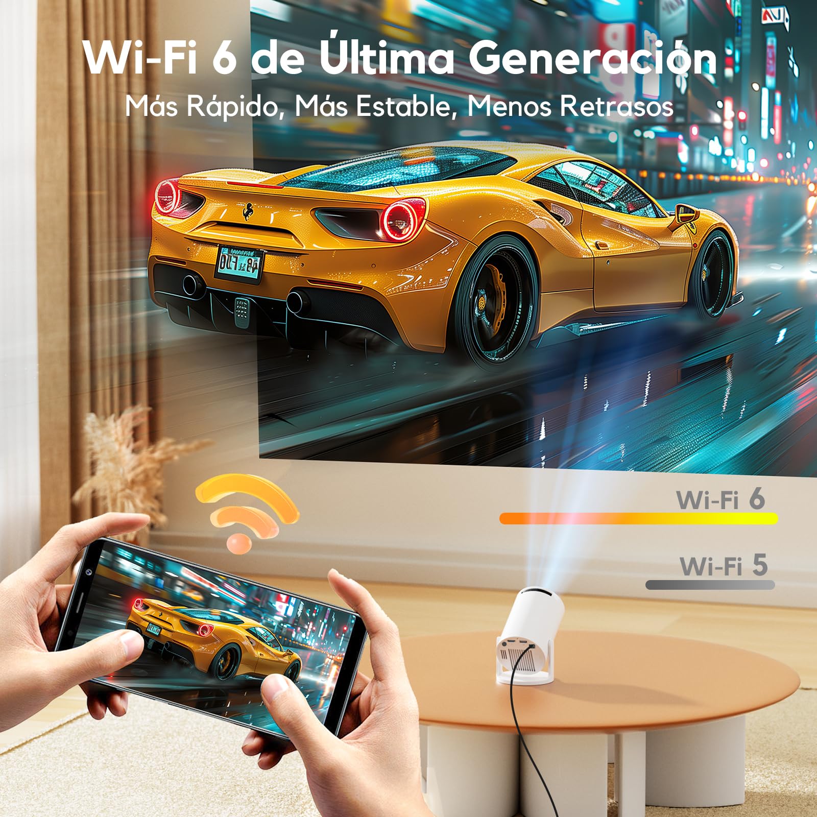 [App Integrada & Auto Keystone] Proyector Portátil con WiFi6 Bluetooth 5.4, AKIYO O2 Mini Proyector con Smart OS Full HD 1080P Soporte, 180° Rotation, Compatibile con HDMI/Smartphone/USB/Laptop/PS5