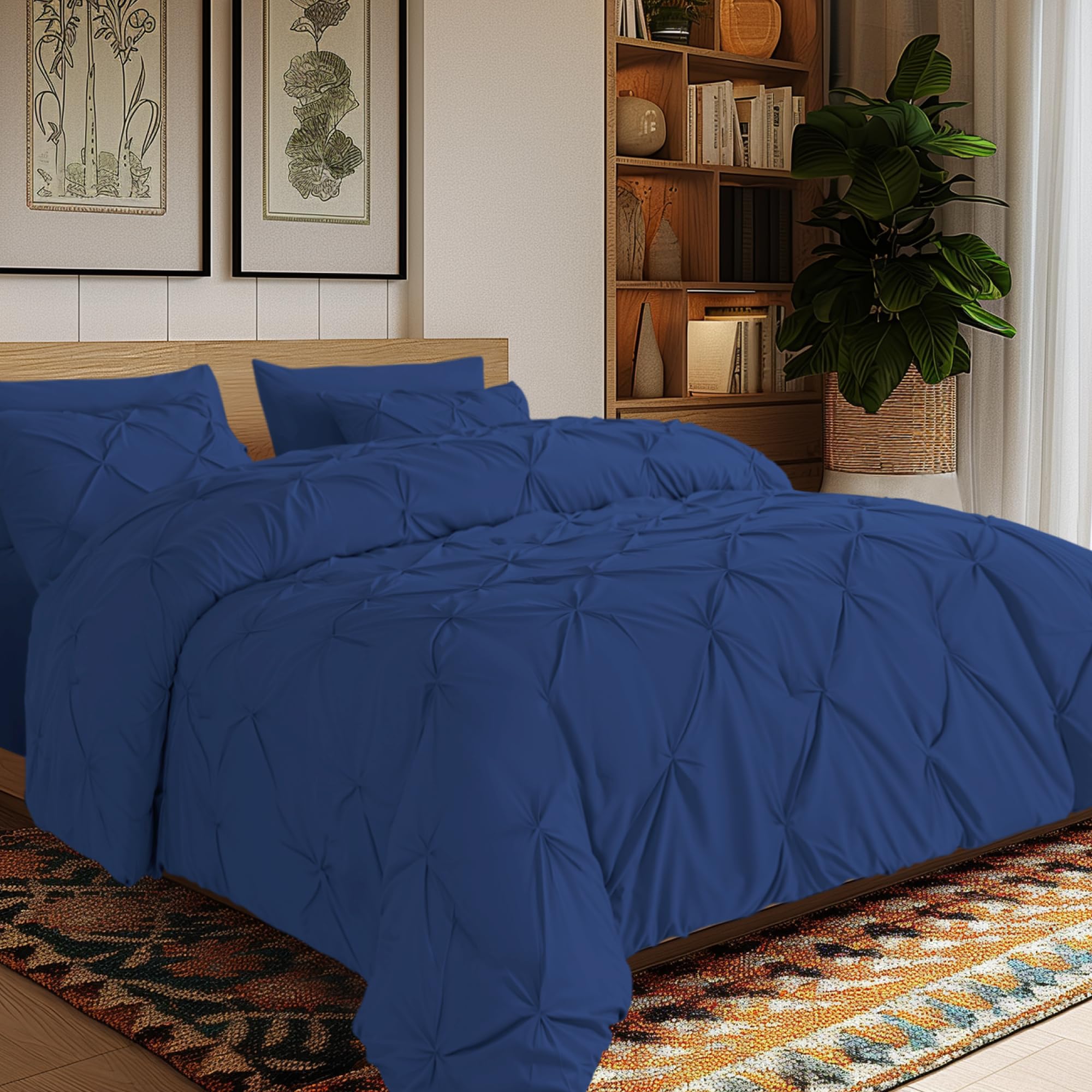 ALPHA HOMEQueen Size Comforter Set 8 Pieces Bed in A Bag Pintuck Bedding Sets with Bed Skirt Flat Sheet Fitted Sheet Pillowcase & Sham Navy Blue