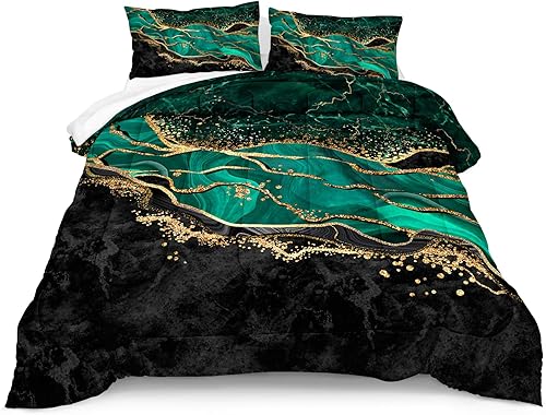 Miniatura 6 de Juego de edredón Queen verde esmeralda, juego de edredón de mármol con estampado metálico negro y dorado, juego de edredón moderno abstracto verde
