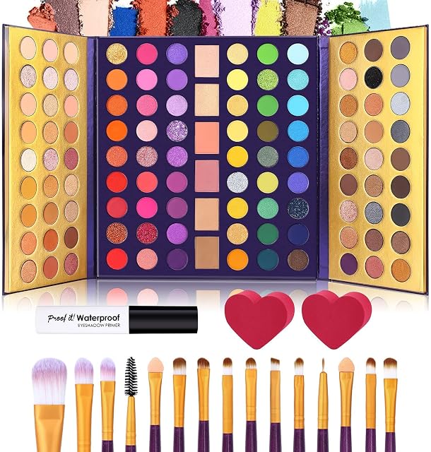 UCANBE 5pcs Eyeshadow Makeup Set -114 Shades MIRROR Eye Shadow Palette, 15 Soft Brushes Set, 1 Eye Primer Base, 2 Make up Blending Sponges, All In One Gift Kit