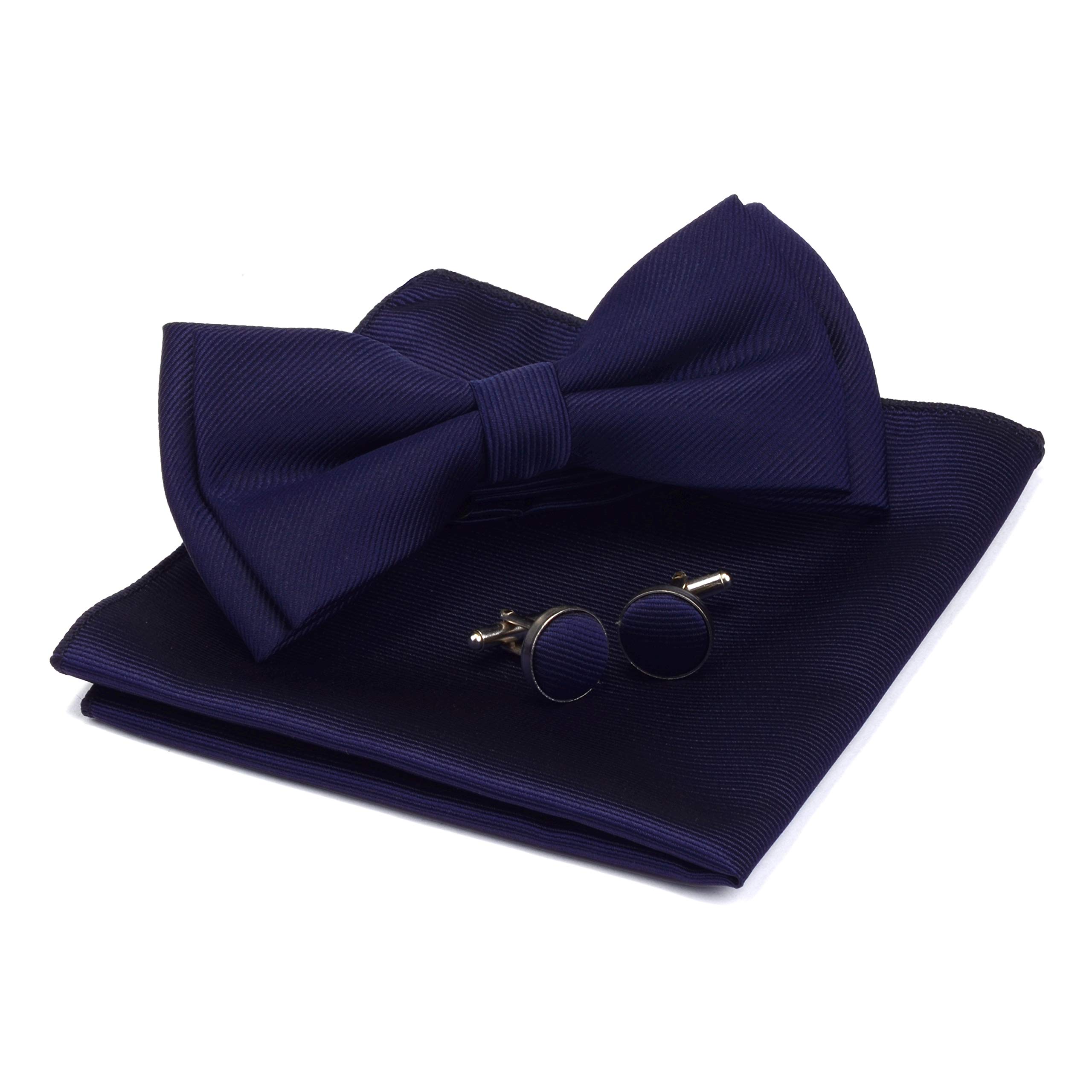 Gusleson Plain Bow Ties For Men Navy Blue Pre-tied Bowtie and Pocket Square Cufflink Sets (UK0577-03)