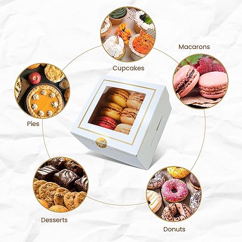 Miniatura 5 de Cajas de panadería blancas con ventana (30 unidades) de 4 x 4 x 2.5 pulgadas, pequeñas 4 pulgadas para tartas, galletas, macarrones, postres,