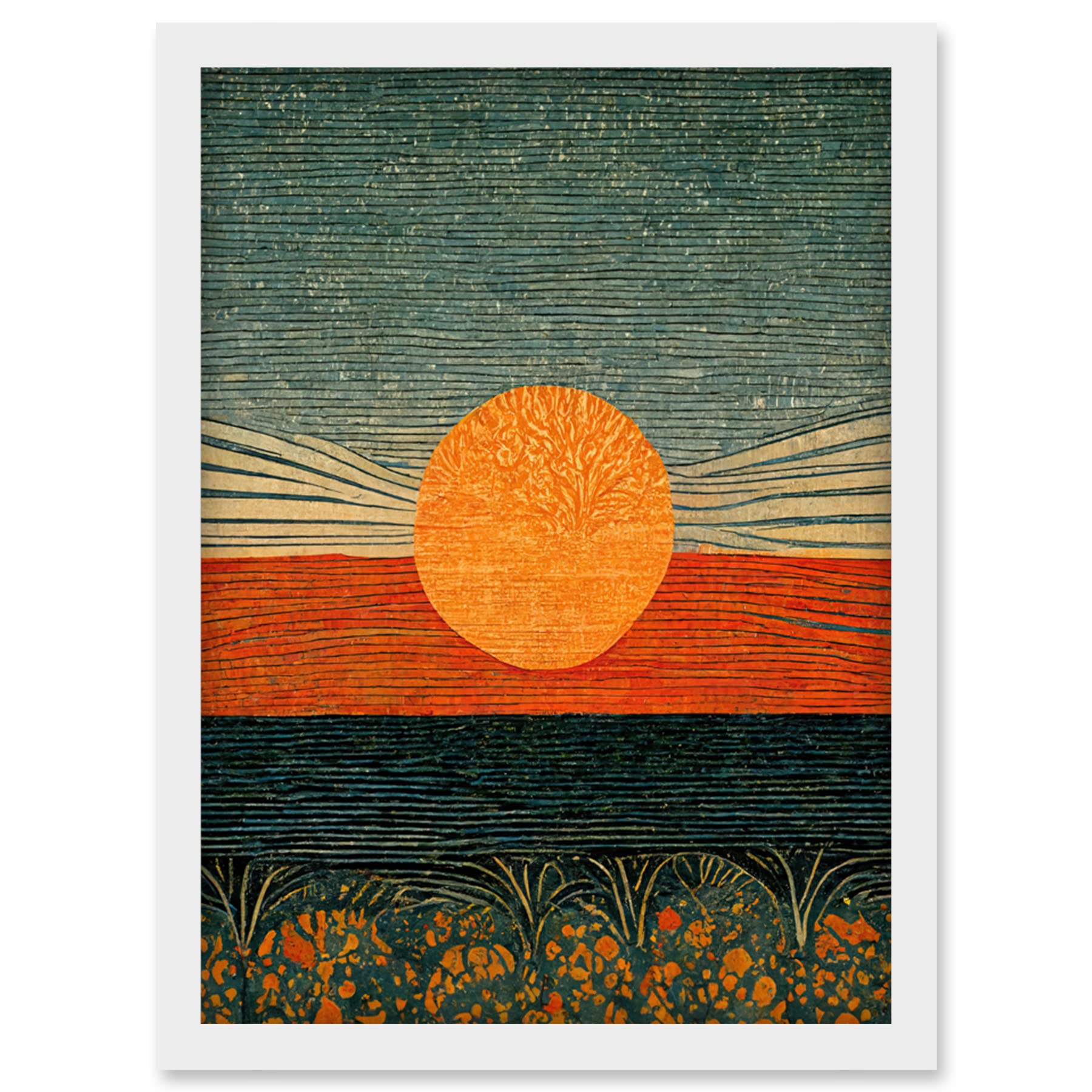 Doppelganger33 LTD William Morris Style Sunrise Over Sea Abstract Artwork Framed Wall Art Print A4