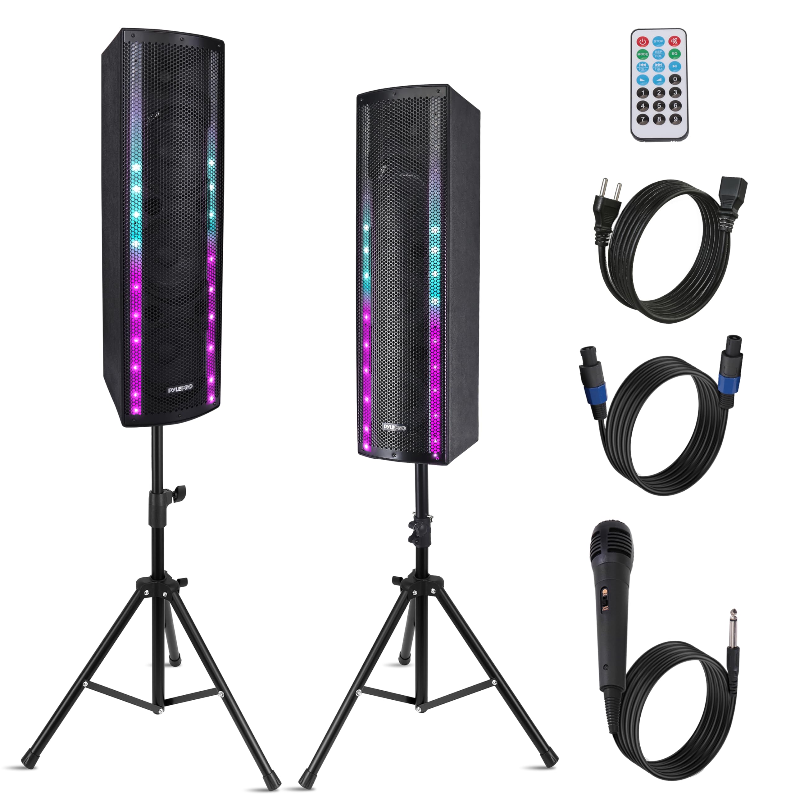 Pyle Tragbares Bluetooth PA-Lautsprechersystem, 3-Wege Aktiver & Passiver Outdoor Bluetooth Lautsprecher Tragbares PA-System mit Mikrofoneingang, Partylichter, FM-Radio -Stativ, Fernbedienung, Schwarz