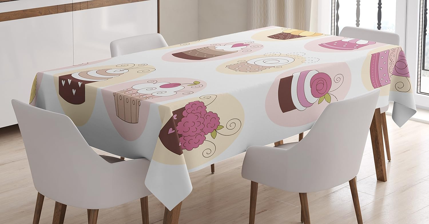 Ambesonne Retro Tablecloth, Cupcakes Bakery Pastry Design Cartoon Doodle Style Deserts Creamy Cakes Retro, Dining Room Kitchen Rectangular Table Cover, 60" X 84", Pink Cream 60" X 84" Pink Cream