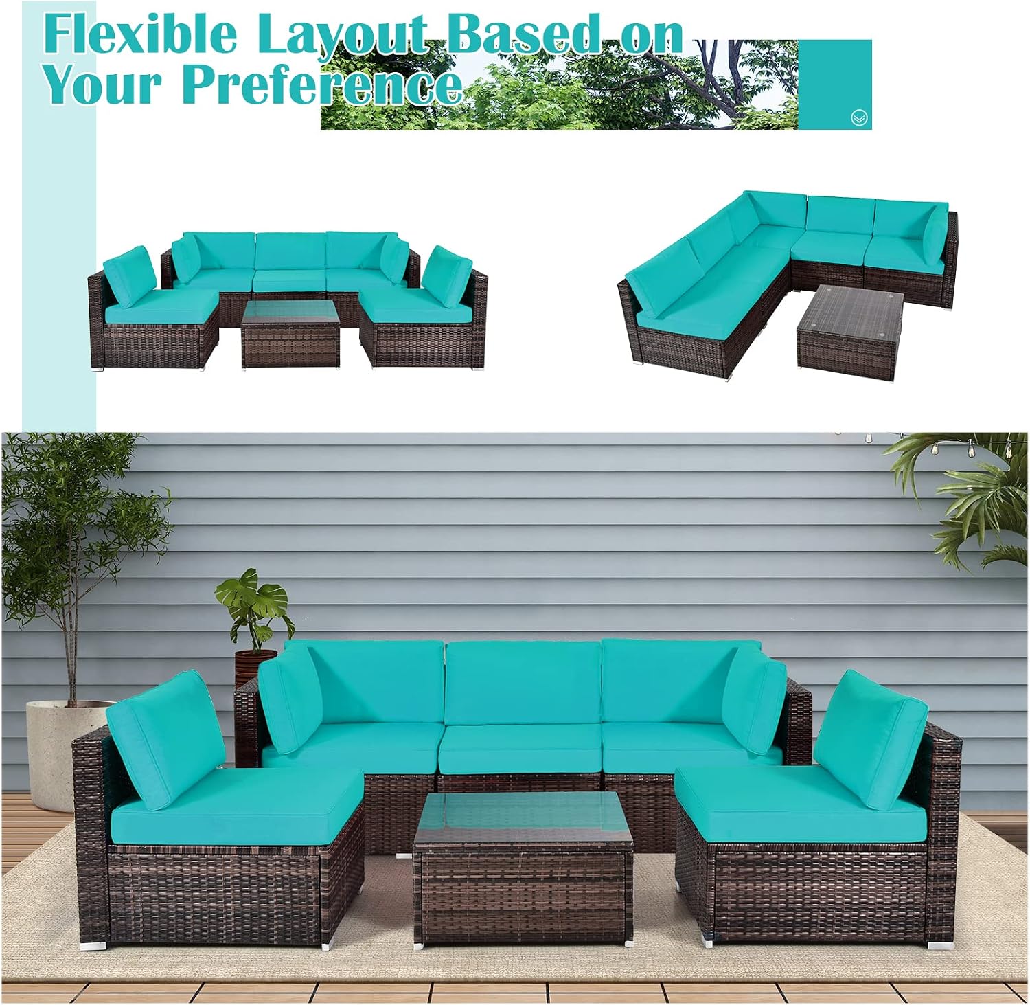 HAPPYGRILL 6 Pieces Outdoor Patio Furniture Set, PE Rattan Conversation Set with Tempered Glass Coffee Table and Cozy Cushions, Weather Resistant Sectional Sofa Set, Turquoise