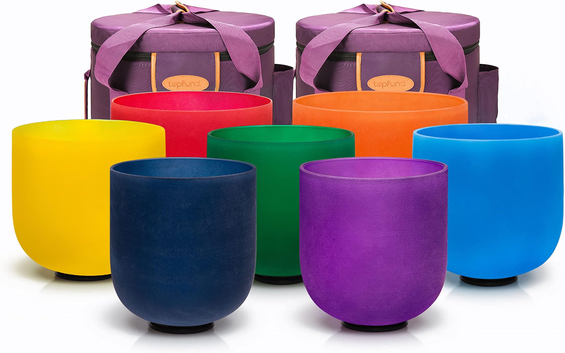 TOPFUND 432 Hz Chakra Set of 7 Color Crystal Singing Bowls 6-10 inch with Heavy Duty Carrying Cases and Singing Bowl Mallets
