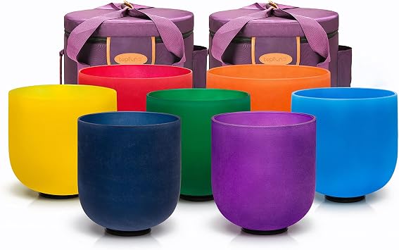 TOPFUND Chakra Set of 7 Color Crystal Singing Bowls 6-10 inch with Heavy Duty Carrying Cases and Singing Bowl Mallets