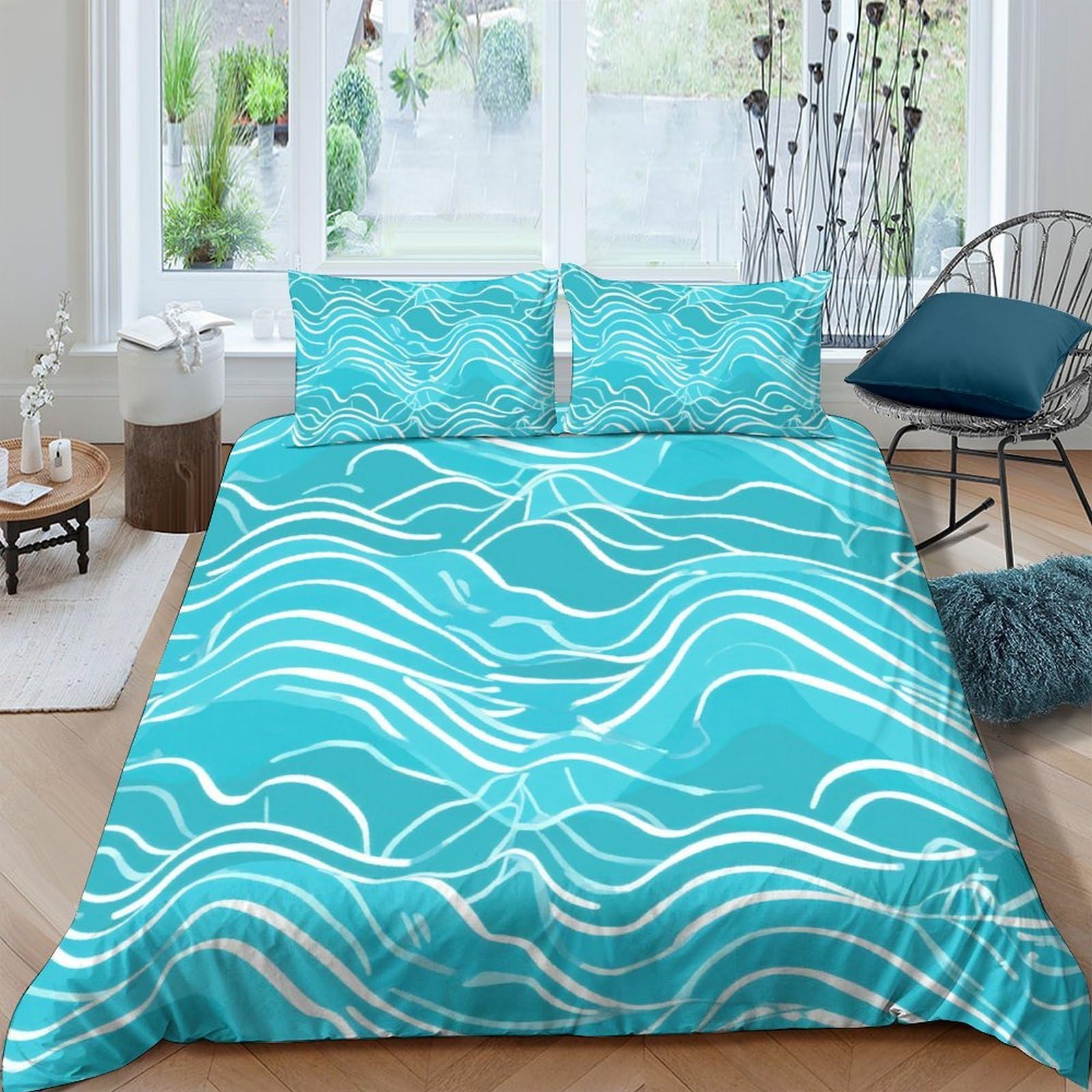 Ctjqhvkz Style-9 3D Printed Ocean Wave Fitted Sheet Microfiber Blue Water Ripple Bed Cover For Bedroom Guest Room Decor Single（135X200cm）