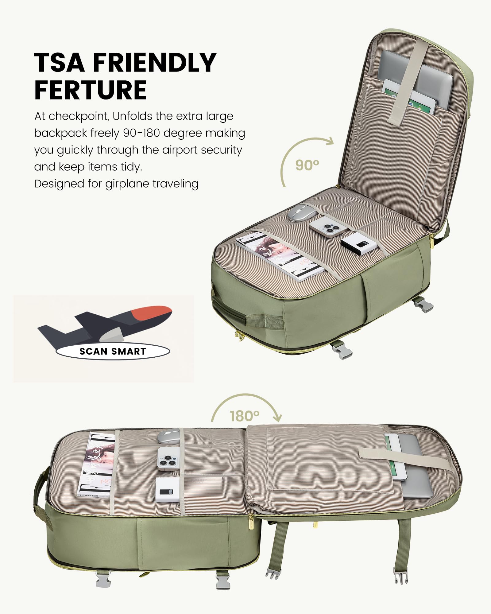 LOVEVOOK Zaino da Viaggio Aereo Bagaglio a Mano, Impermeabile Zaini Trolley Bagaglio Donna 40L Cabin Max per Ryanair Easyjet, Grande Zaino Porta PC 17 Pollici Valigia Borsa a Zainetto