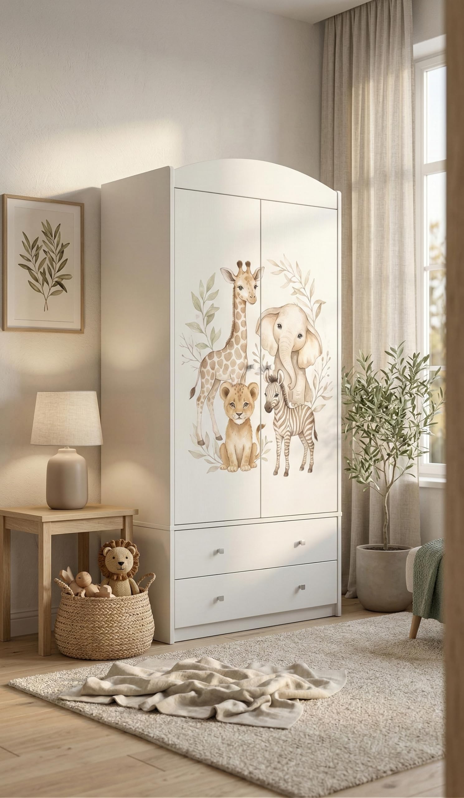 Happy Babies Armadio per bambini con motivo incantevole, 2 ante per cameretta dei bambini, con 2 cassetti, asta appendiabiti e ripiani, bianco (88 x 187 x 54 cm) (nr 170)