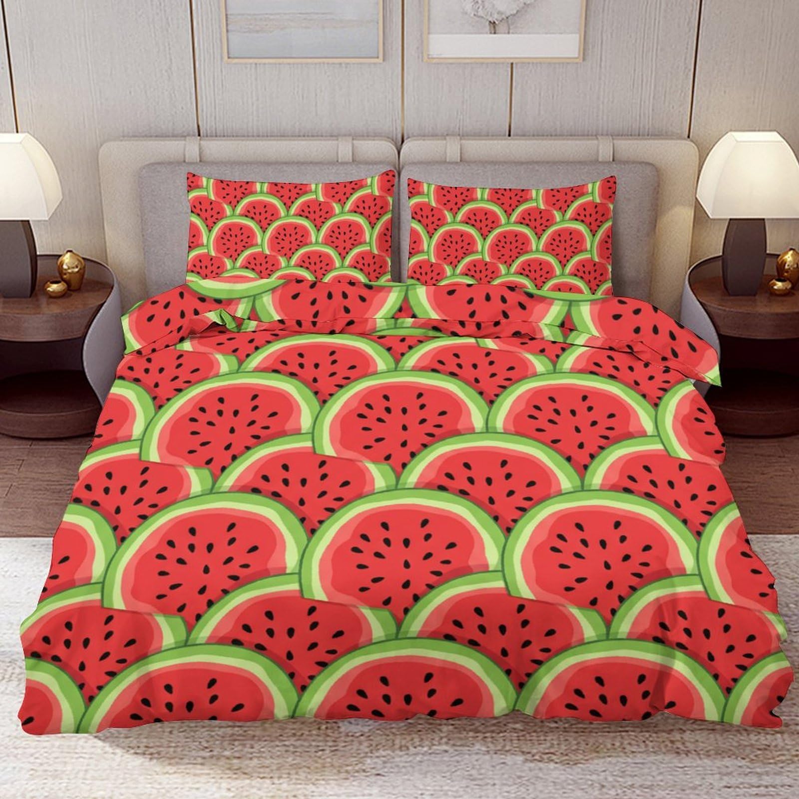 Delerain Comforter Cover Set Queen Size, Fresh Watermelon Slice 3-Piece Bedding Set for Women Men Modern Soft Microfiber Bedroom Set Room Decor, 1 Duvet Cover + 2 Pillowcases