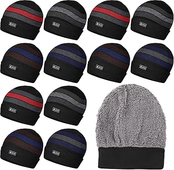 Kigeli Beanie Hats for Men Bulk Winter Hats with Warm Thick Fleece Snow Skull Cap Plain Skull Knit Beanie Donation Charity12 Pcs