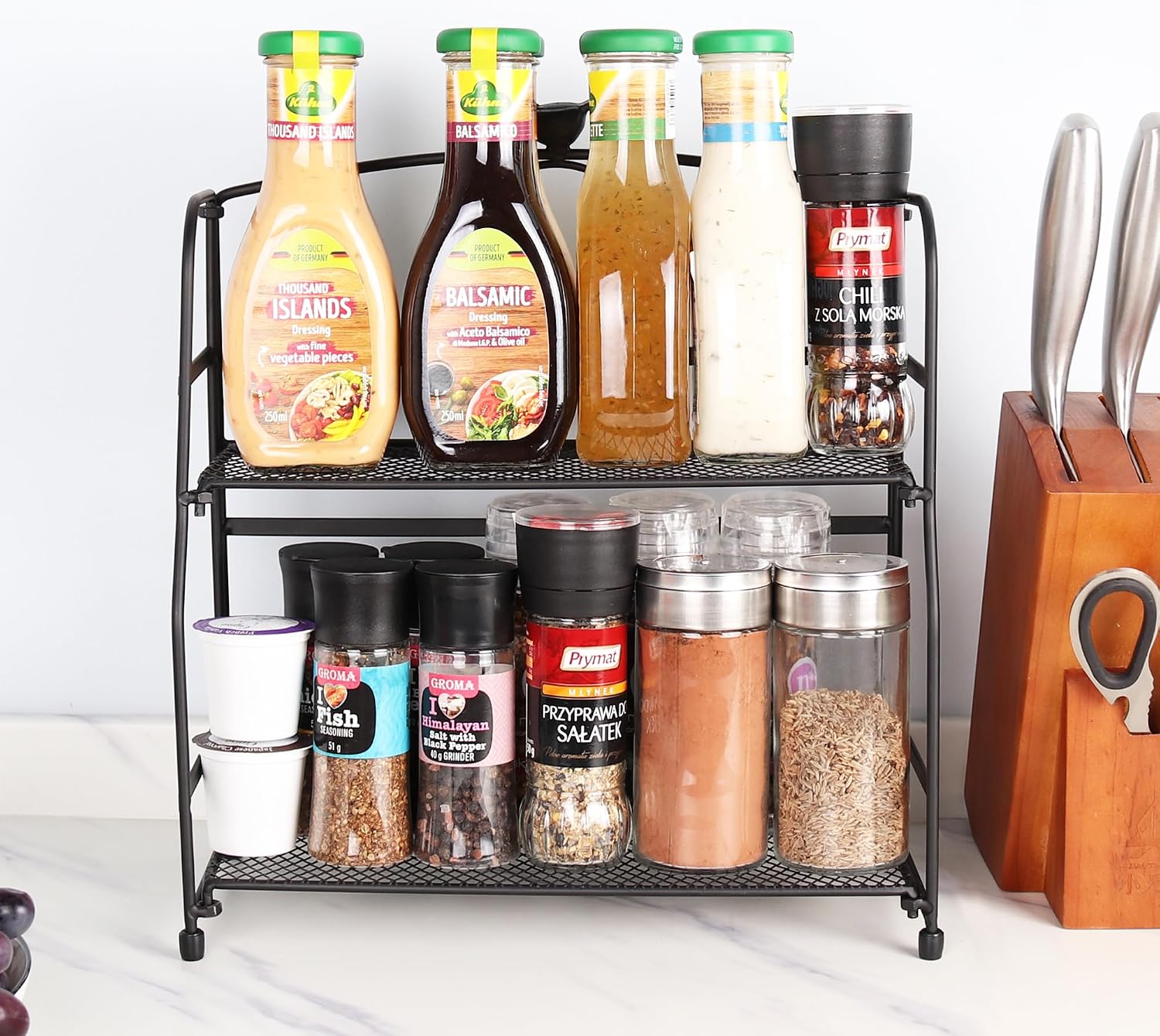 2 Tier Spice Rack Seasoning Bottle Holder Black Metal Non-Slip Foldable Kitchen Bathroom Countertop Standing Organizer for Home House Tabletop Desktop Items Storage Y0728(Bird)