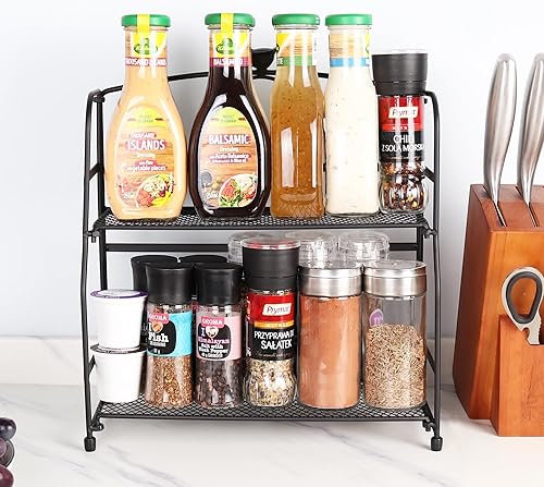 Miniatura 6 de HOMBUTY Estante de especias para condimentos, soporte para botellas, de metal negro, antideslizante, plegable, para cocina, baño, encimera,