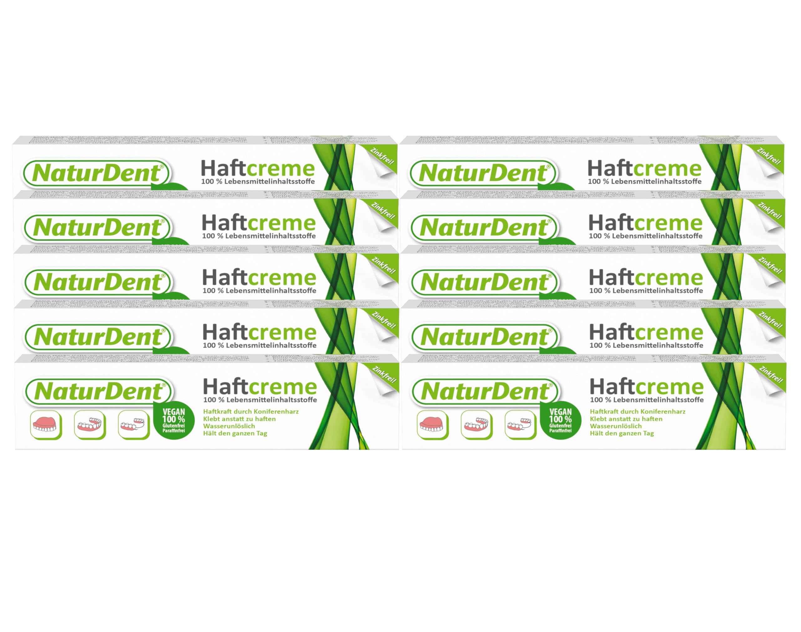 10 creme adesive NaturDent, 40 g, la prima crema adesiva naturale, insolubile in acqua, senza risciacquo, solo 1 volta al giorno, 100% ingredienti alimentari, vegano, nessun carico chimico sul corpo