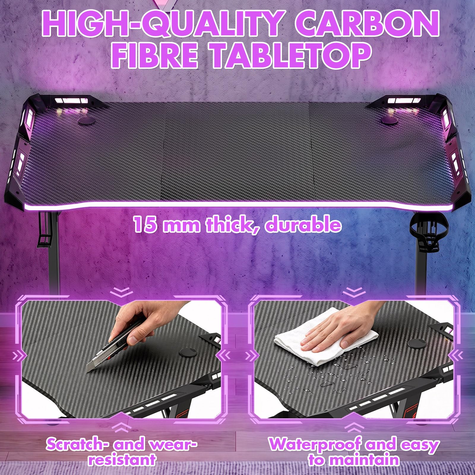 Verdego Gaming Tisch mit LED Beleuchtung, Gaming Schreibtisch 160x60CM | Computertisch Ergonomisch mit Getränkehalter, Kopfhörerhalter, Kohlefaseroberfläche, PC Tisch für Streaming, Schwarz
