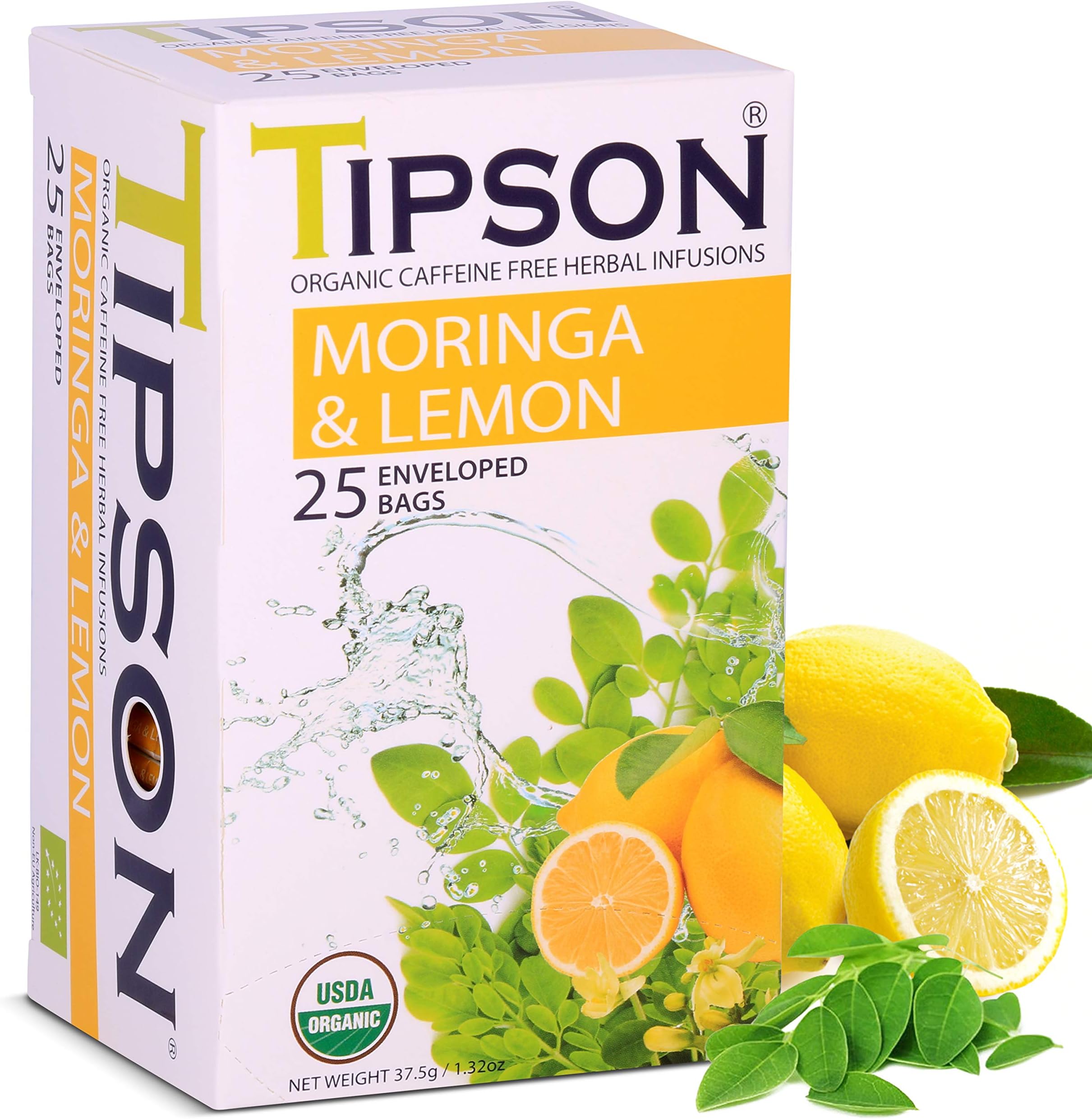 Tipson Organic Moringa Caffeine Free Herbal Tea - Lemon Flavor - 25 Premium Double Chambered Bags - Superfood - Keto/Paleo