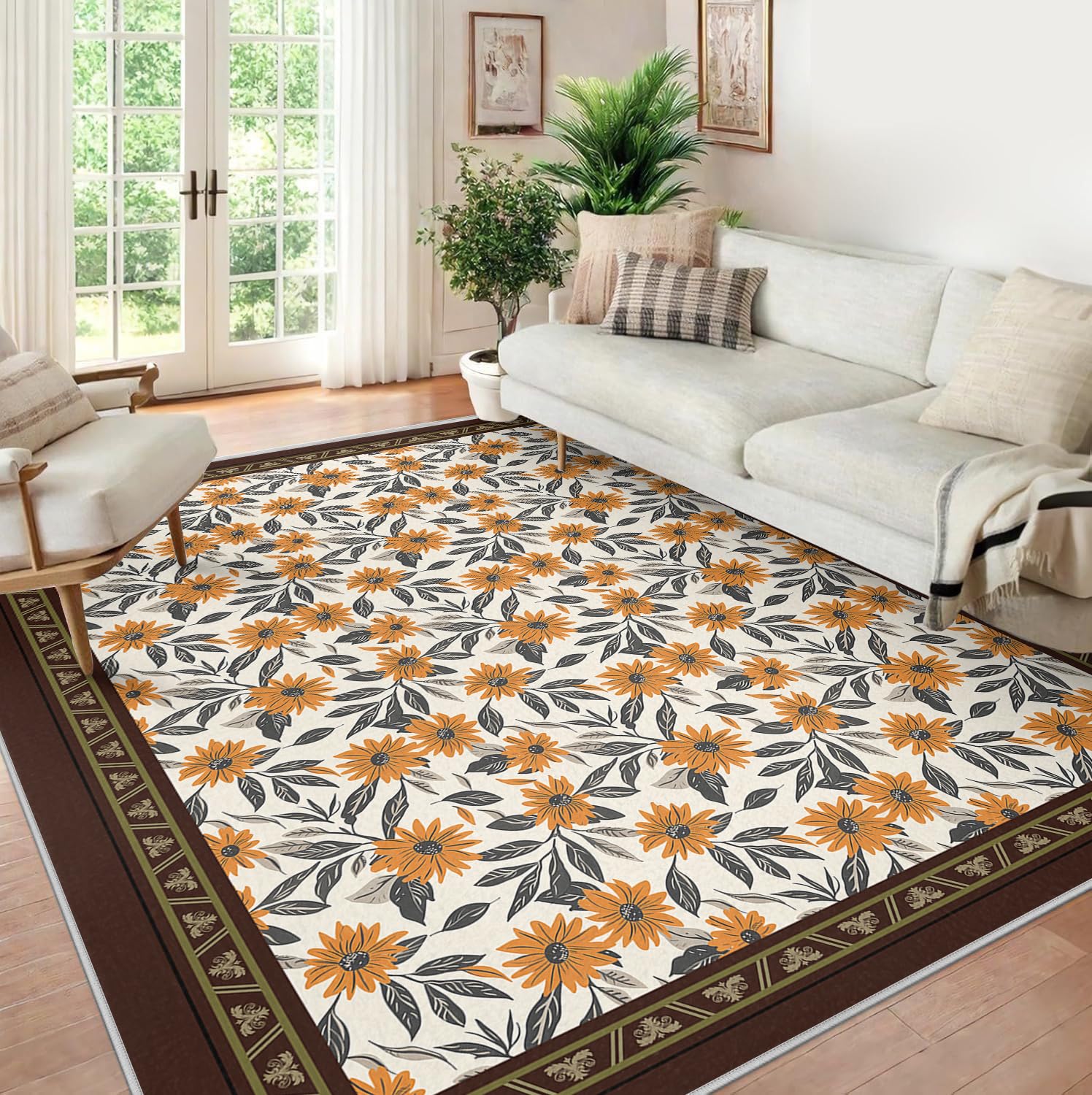 Dywan kwiatowy w stylu boho, 120 x 200 cm, nadaje się do prania, świecący pomarańczowy słonecznik-brązowy dywan do salonu, do salonu, dekoracja podłogi