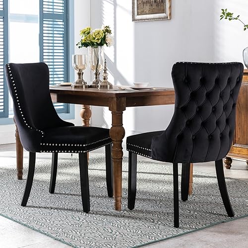 DKLGG Juego de 2 sillas de comedor tapizadas con respaldo de ala sillas de comedor acogedoras con ribete de cabeza de clavo y patas de madera maciza