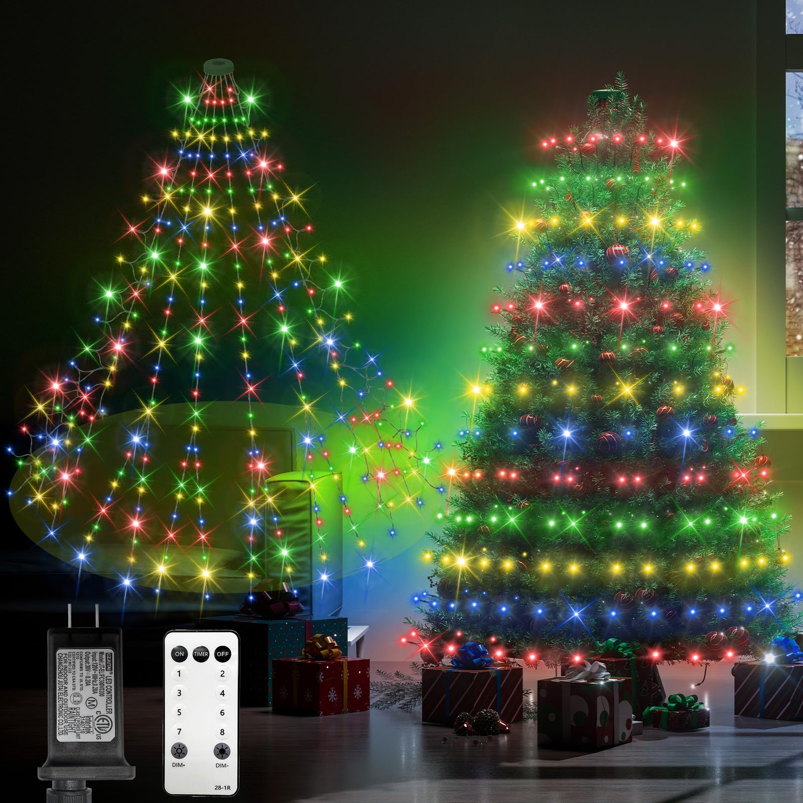 Christmas Tree Lights,644Leds 9.9Ft 14 Lines Forked Christmas Lights with 8 Modes and Timer,Dimmable Cascading Twinkle Christmas Tree Lights Outdoor Indoor for 8-10Ft Xmas Trees Decor(Multicolor)
