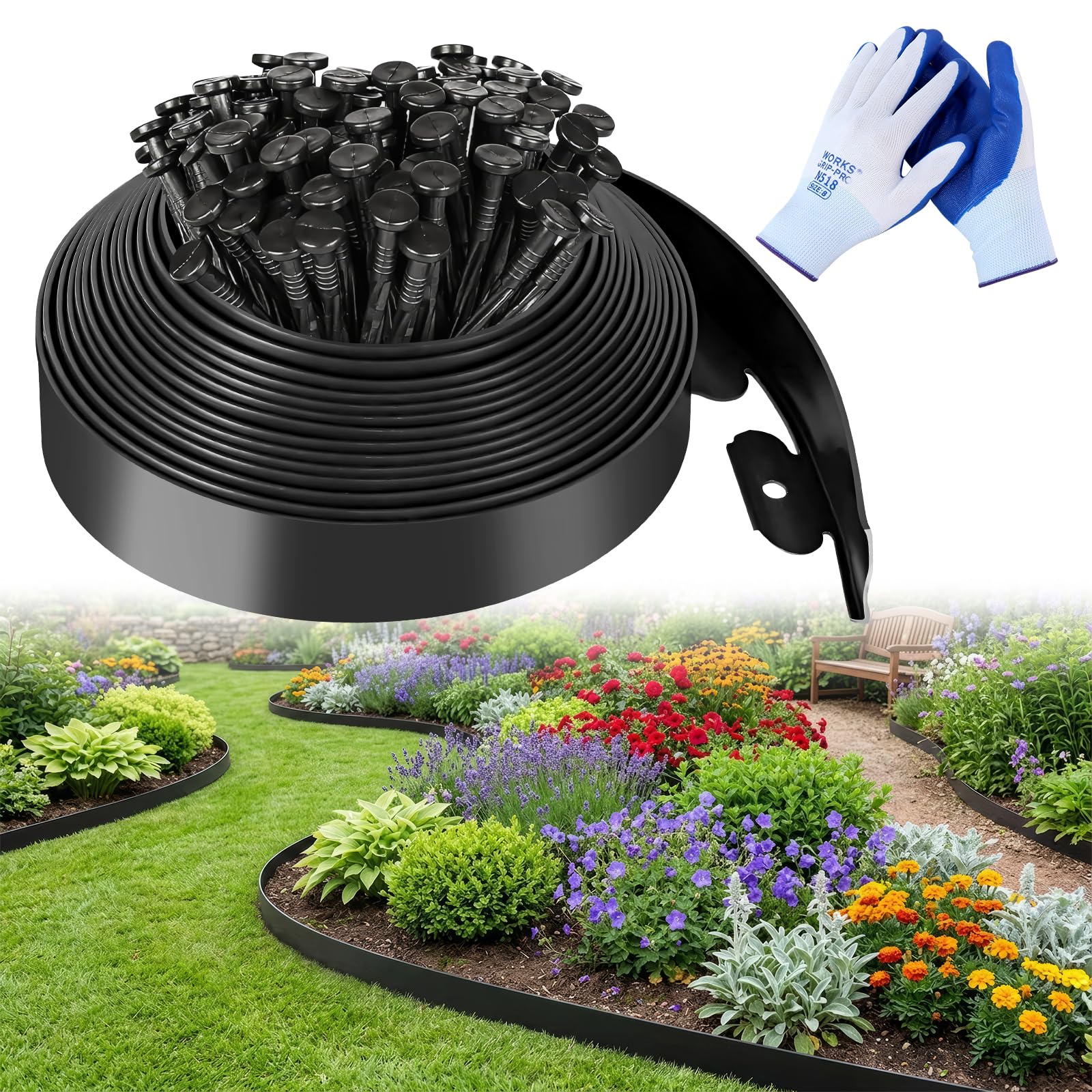 Mittimiya 10m Flexible Rasenkante Kunststoff, HöHe 5cm Rasenkanten mit 30 Erdanker und 1 Paar Handschuhe, Lawn Edging für Beetumrandung und Gartenwege(Schwarz)