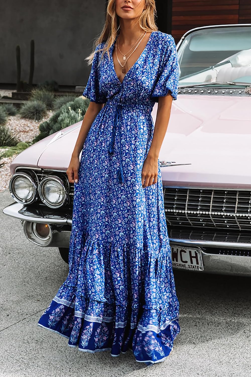 R.Vivimos Womens Summer Cotton Short Sleeve V Neck Floral Print Casual Bohemian Midi Dresses - Image 3