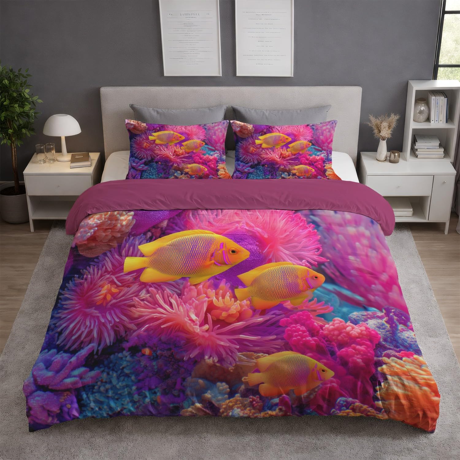 Generic Zestaw poszewek na kołdrę, żywa koral, ryba, król, 229 x 221 cm, różowa pościel fantasy, 3-częściowy zestaw, miękka mikrofibra, zestaw poszewek na kołdrę dla dzieci, dorosłych, dekoracja