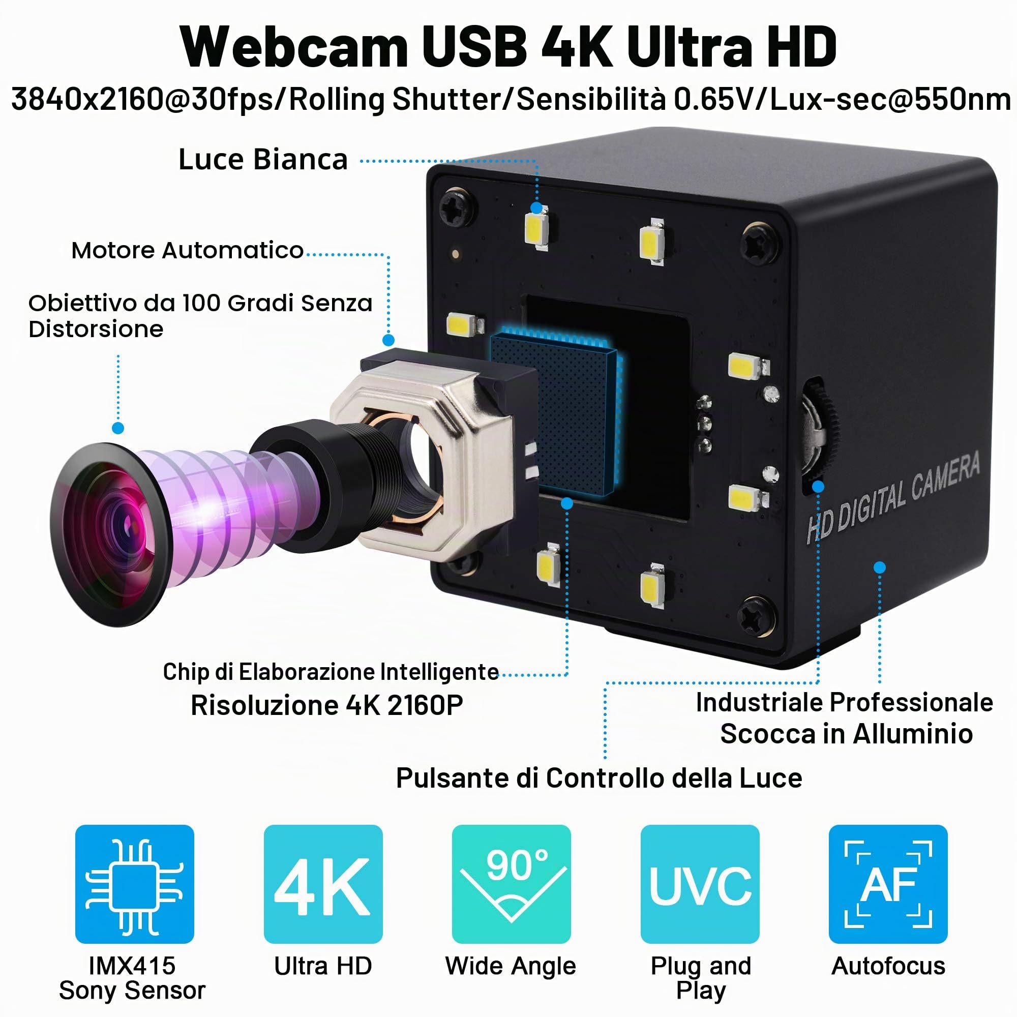 ELP Webcam 4K Autofocus USB visione notturna No-Distortion IMX415 Sensore Ultra HD Camera 3840x2160@30fps, UVC compatibile per videoconferenze