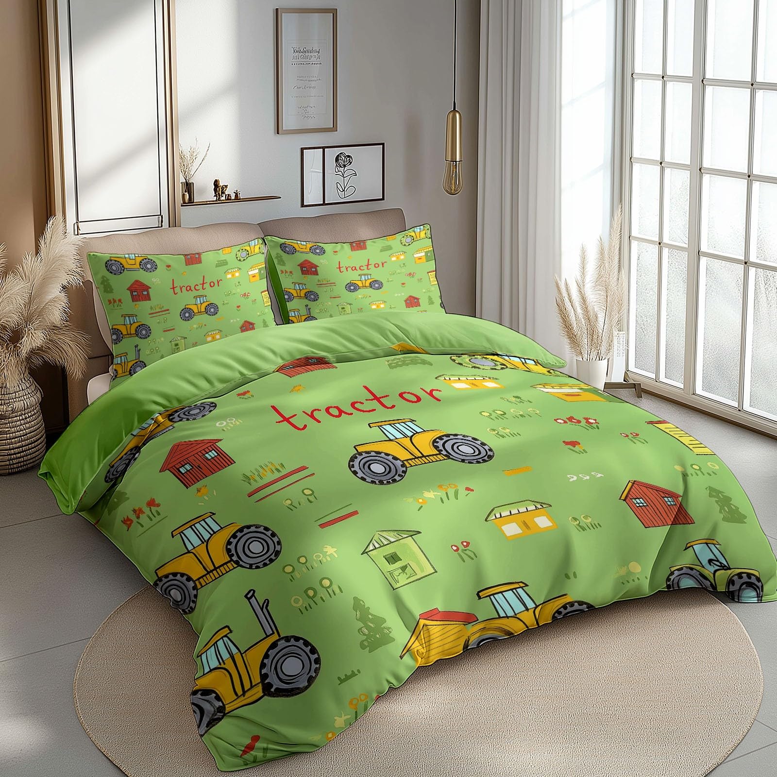 Bettwäsche 155 x 220 cm für Jugendliche Kinder Weich Gemütlich Bettbezug Karikatur Traktor Und Bauernhof Muster Grau Wendebettwäsche Einzelbett mit 2 Kissenbezug 80x80