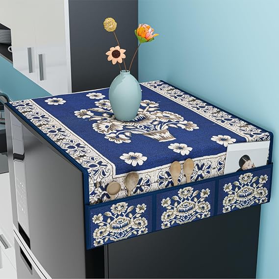 Kuber Industries PVC Fridge Top Cover | Washable Refrigerator Top Cover with 6 Utility Pockets for Anti-Dust & Waterproof | Flower Pot Design - Blue
