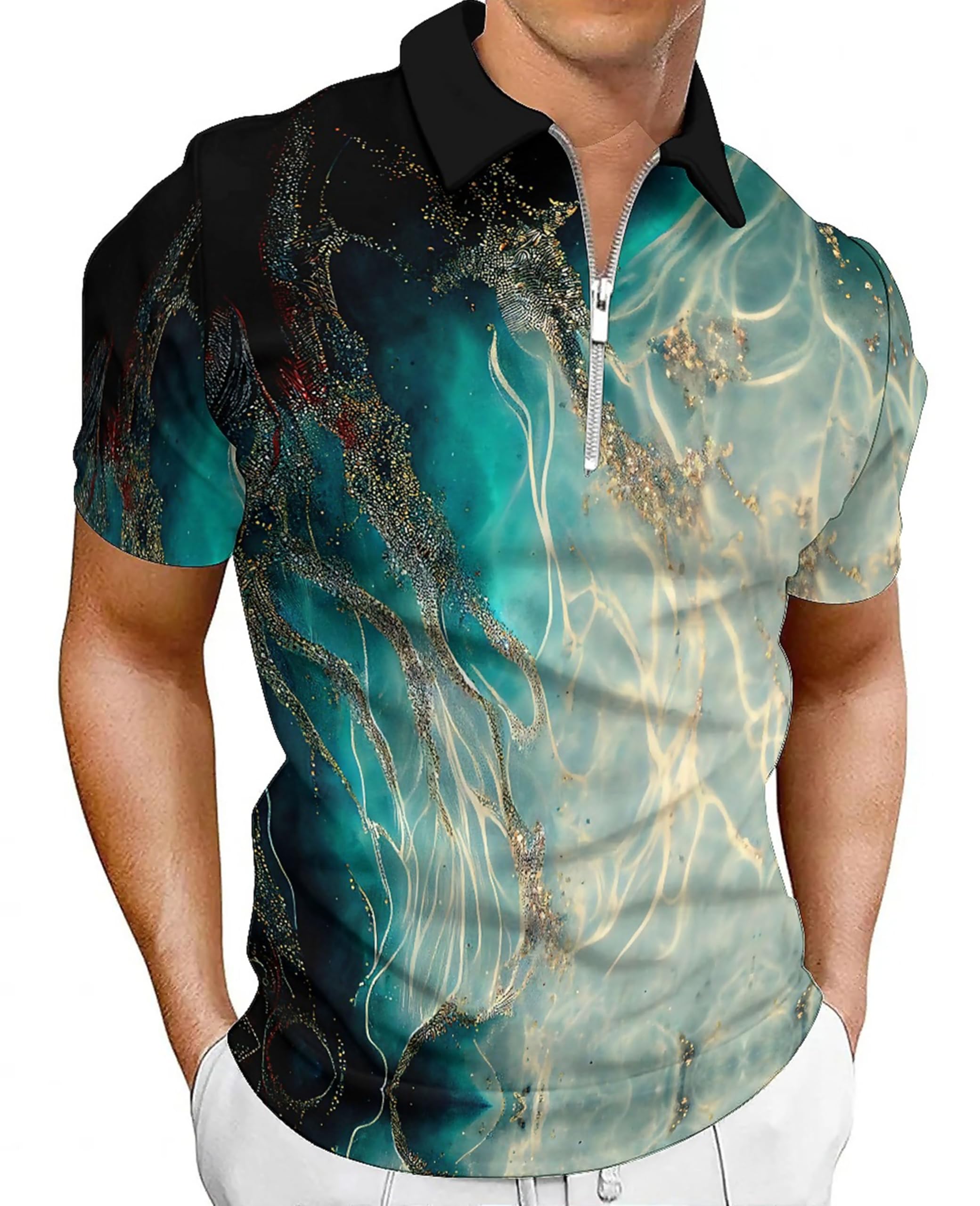 Men's Short Sleeve Zipper Casual Slim Fit Printed Golf Polo Shirt Tops