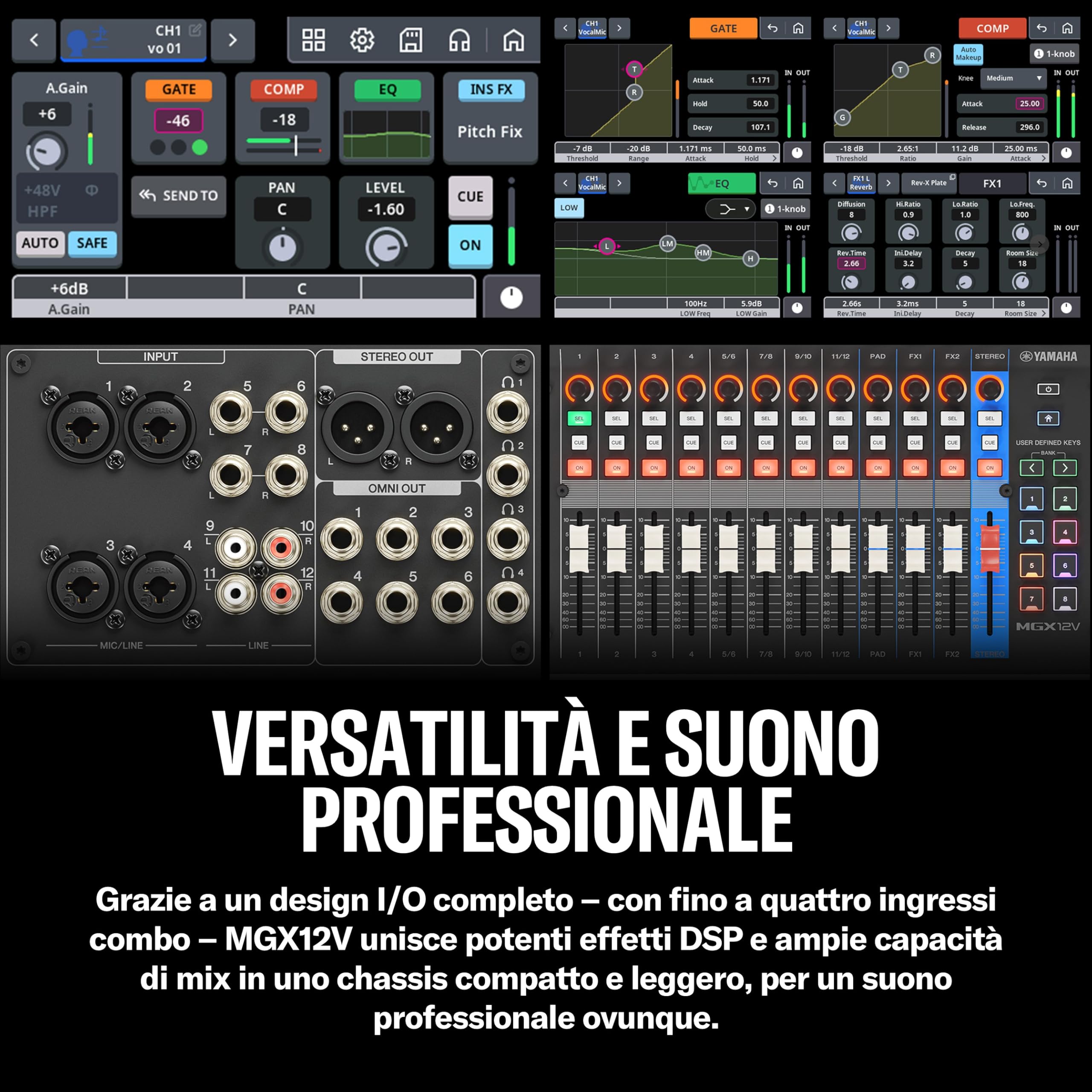 YAMAHA MGX12V Mixer Audio e Video con LCD Touch, HDMI USB, Nero | Mixer AV Compatto con Acquisizione HDMI-USB, Bluetooth, Doppia USB e Registrazione microSD