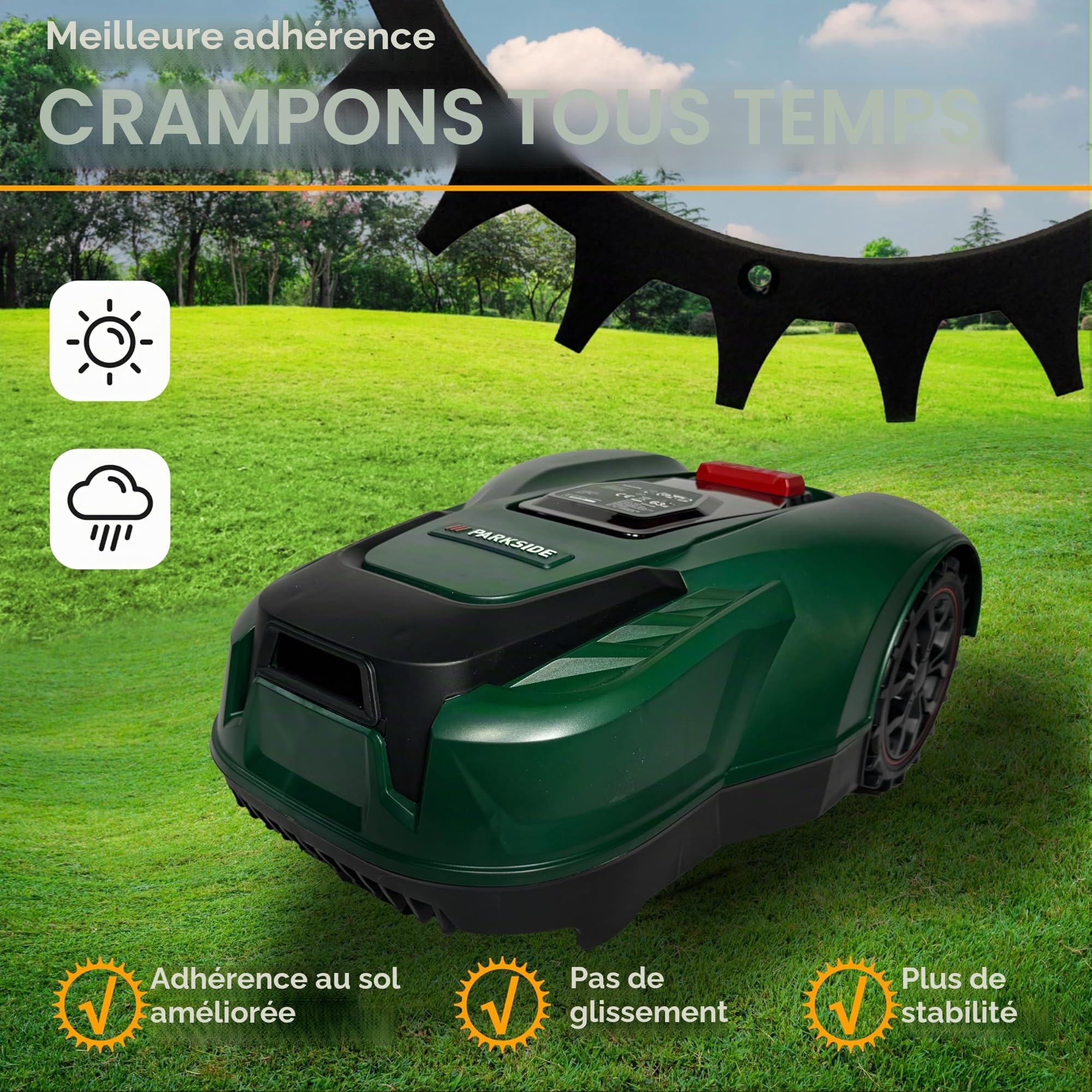 Embouts noirs pour robot tondeuse Parkside PMRA/PMRDA/PAMR/PAMRS - Revêtement en poudre - 219 mm - Ébavuré et avec 14 vis en acier inoxydable - Amélioration de la traction pour tondeuse ROBO CLAWS