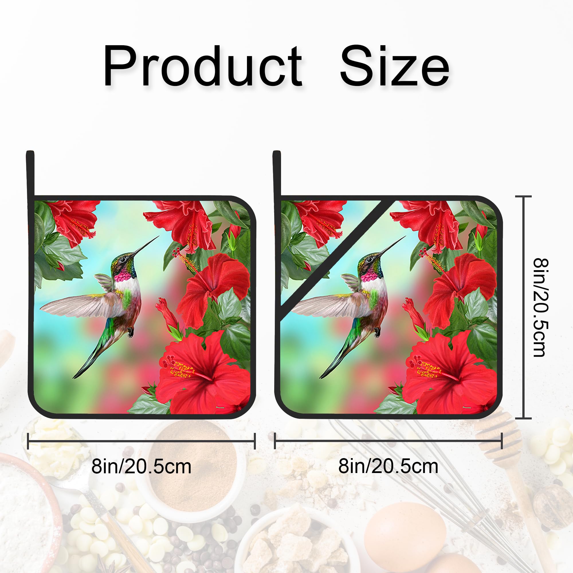 Gearsly Pot Holder Set of 2,Hummingbird and Hibiscus Kitchen Heat Resistant Potholder for BBQ Cooking Baking,Food Hot Pat for Women Men Kitchen Wear