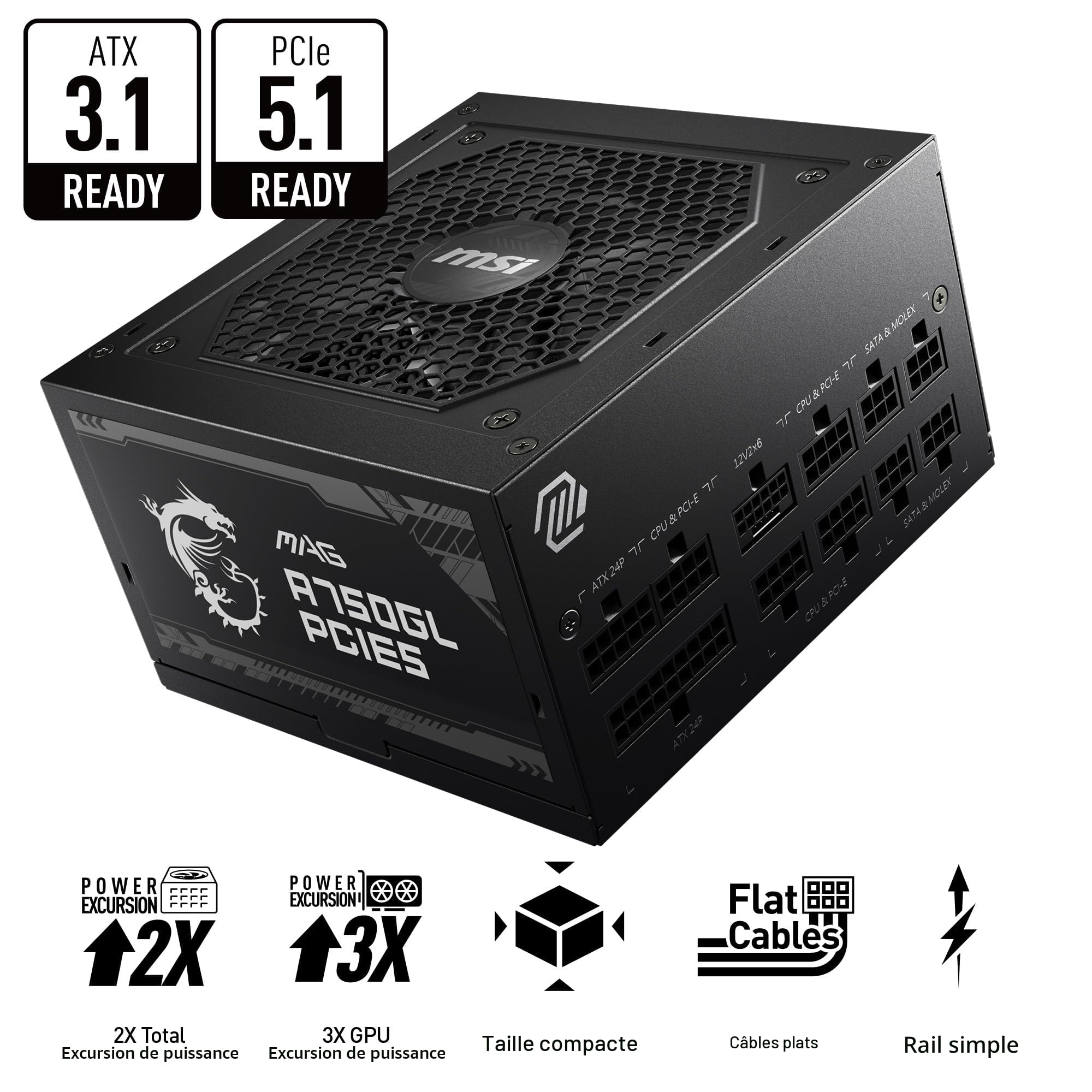 MSI MAG Bloc d'alimentation 750 W 80 Plus Gold – Connecteur natif à 16 Broches – Design modulaire Complet – Protection de Niveau Industriel avec OVP, OCP, OPP, OTP, SCP, UVP [MAG A750GL PCIE5]