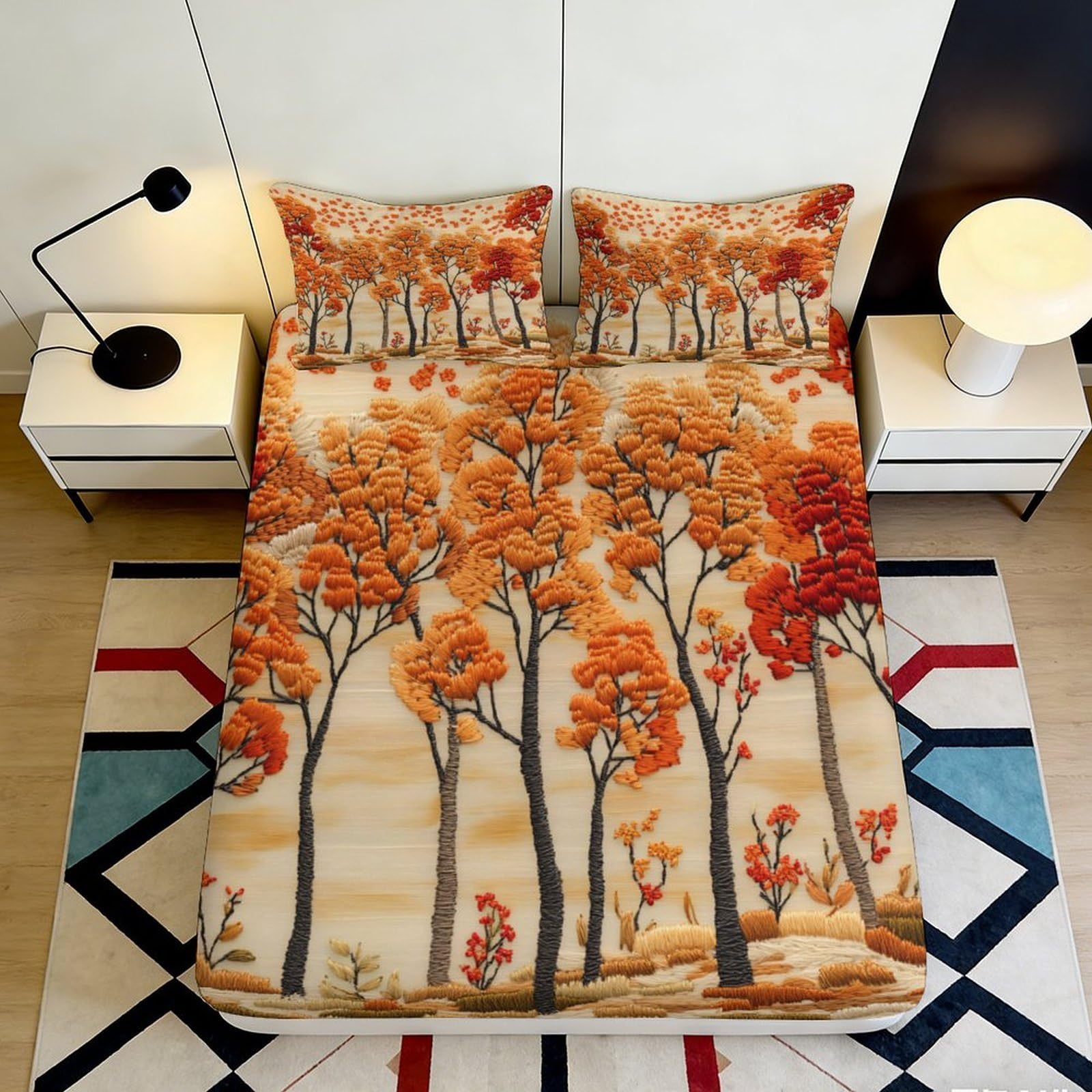 3D Printed Autumn Forest Fitted Sheet Microfiber Non-Slip Orange Tree Mattress Cover Bedroom Decor Machine Washable 120x200x25cm