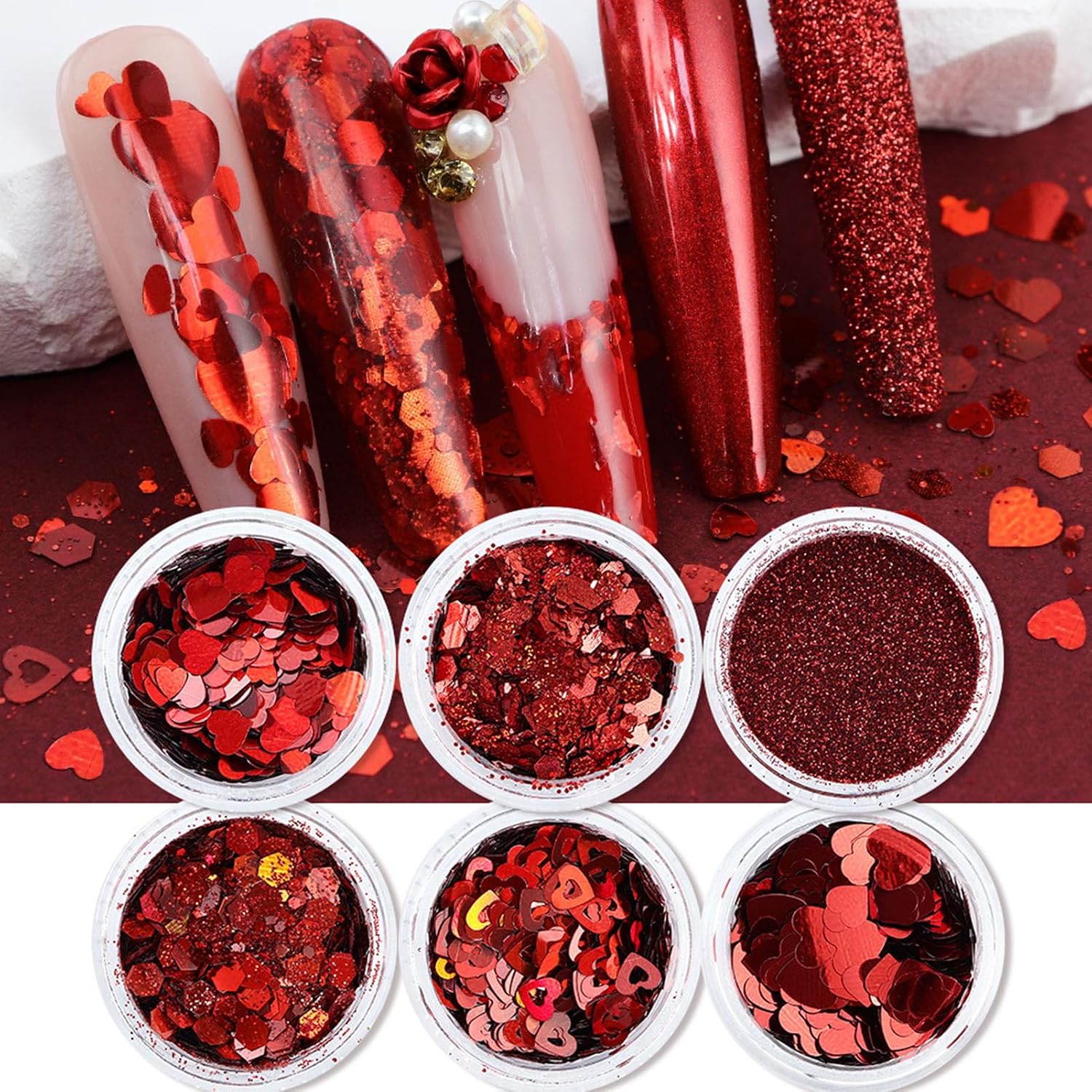 Valentine’s Day Nail Art Glitters Red Heart Nail Sequins for Nail Art Red Shiny Flake 3D Holographic Powder Dust Glitters Valentine’s Day Nail Art Decorations Sets（6 Boxes