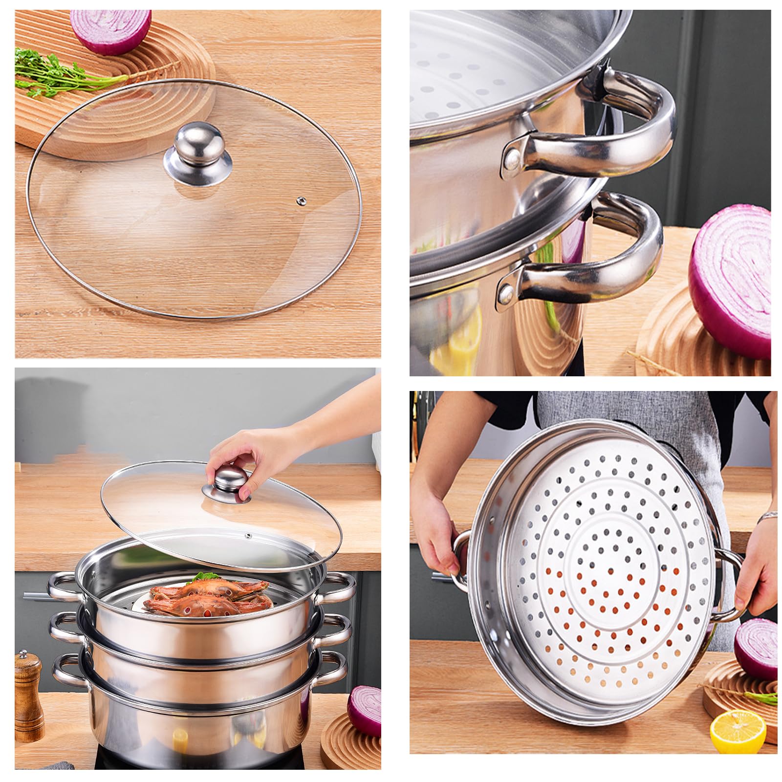 Vaporera De Acero Inoxidable 3 Niveles con Tapa De Cristal Olla Vaporera Utensilio Cocina Multiusos Ollas De Acero Vaporera Cocinar Verduras Grandes Olla para Cocinar Pasta Vapor