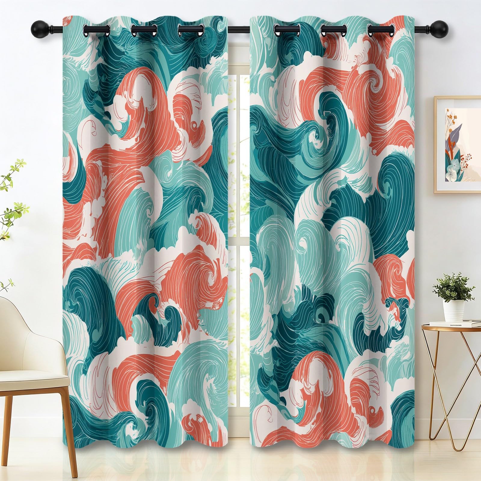 Generisch Natur Skandinavisch Vorhänge mit Ösen, Blau Blickdichte Vorhänge Wohnzimmer Schlafzimmer, Meer Wellen Wirbel Maschine Waschbar Fenster Verdunkelungsvorhänge, H215 x B110 cm 2 Stück