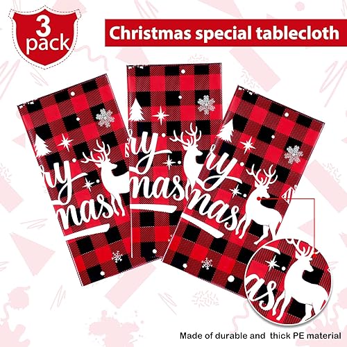 Miniatura 3 de Irenare Mantel de Navidad de 3 piezas de mantel de Navidad a cuadros rojos y negros, mantel desechable de plástico con copos de nieve, alce y guinga