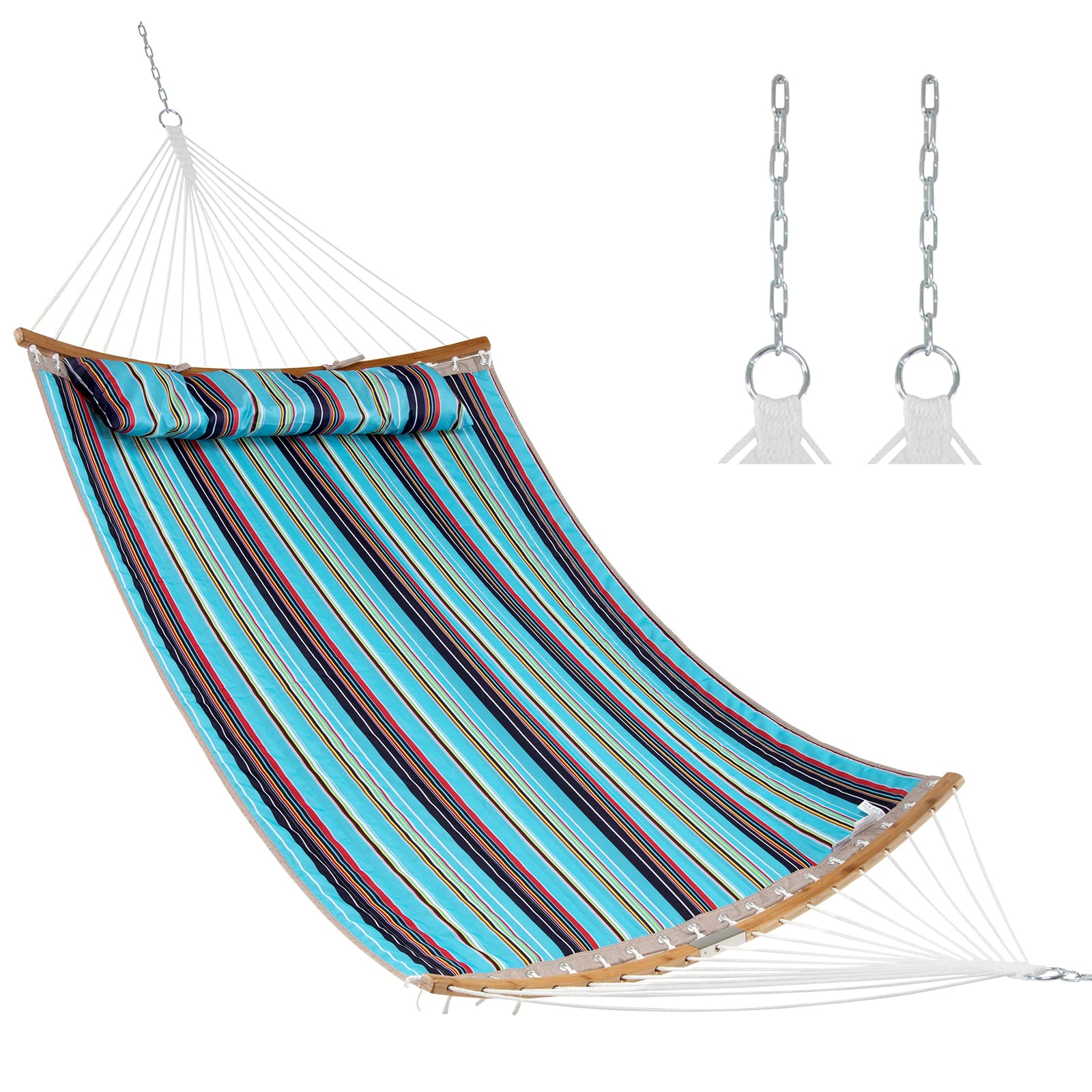 CASART Double Size Hammock with Detachable Pillow, Curved Spreader Bar & Steel Chains, Camping Swing Hammock for Patio Garden Poolside (Bamboo Spread Bars, Blue)